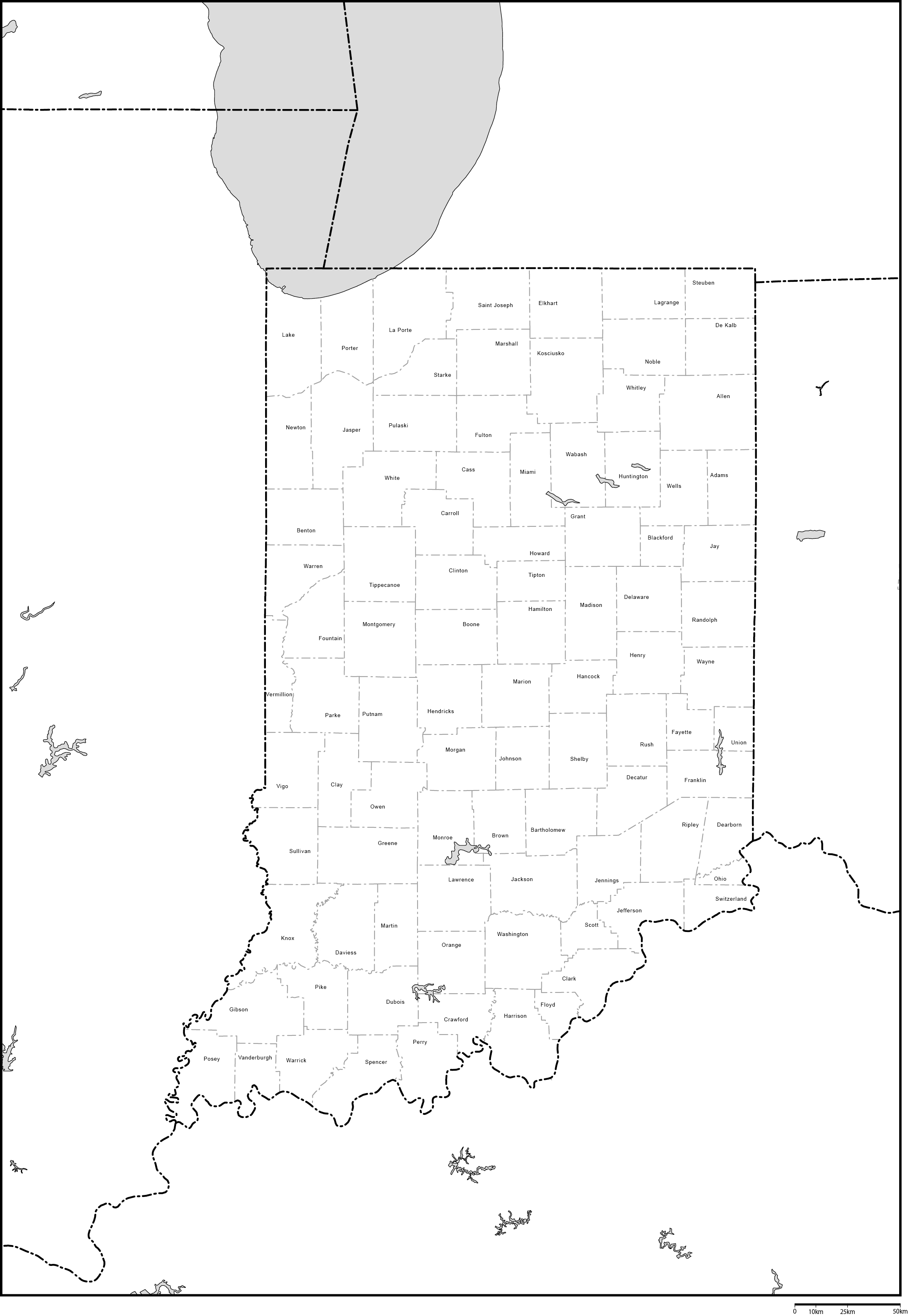 インディアナ州郡分け白地図郡名あり(英語)フリーデータの画像