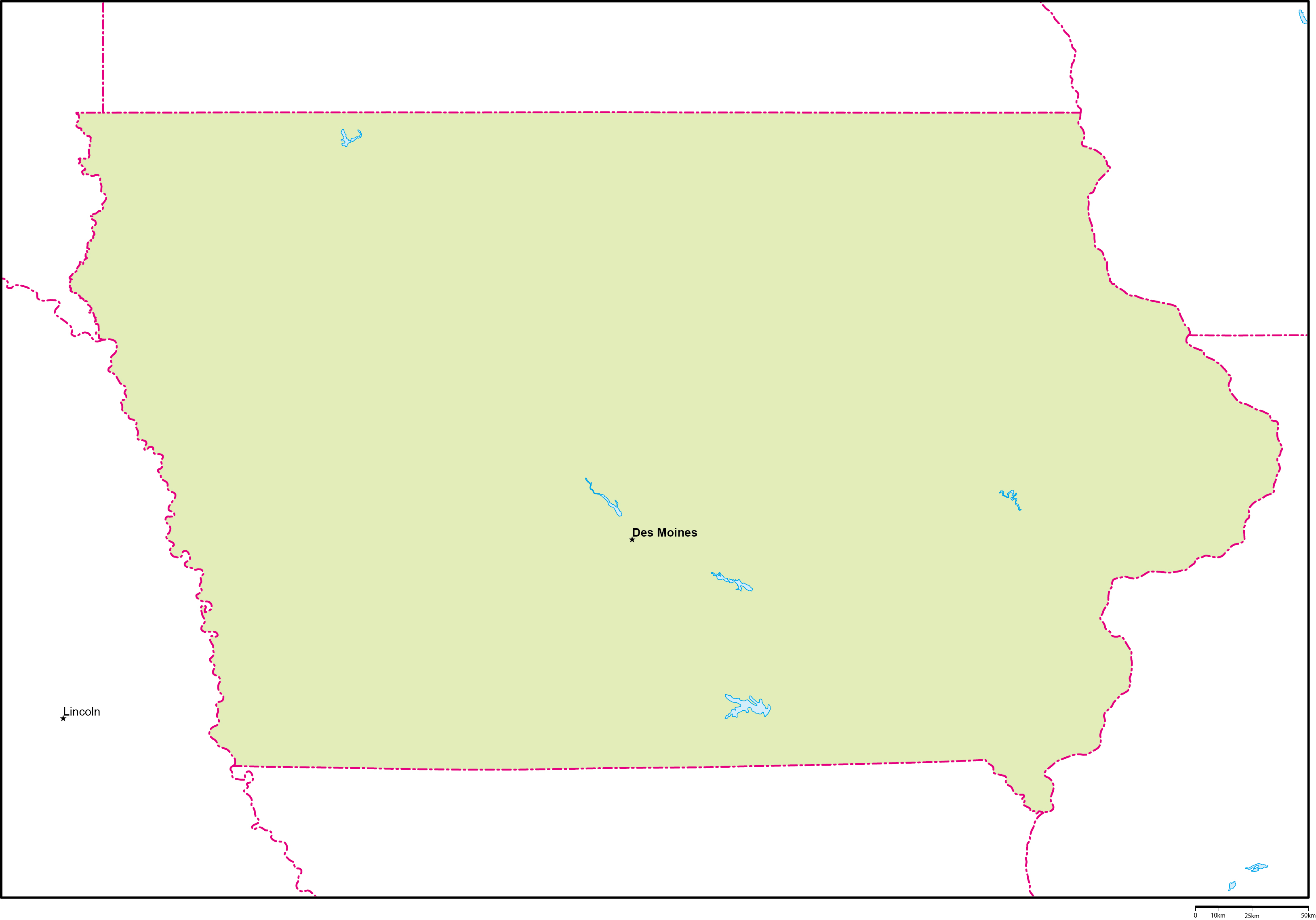 アイオワ州地図州都あり(英語)フリーデータの画像