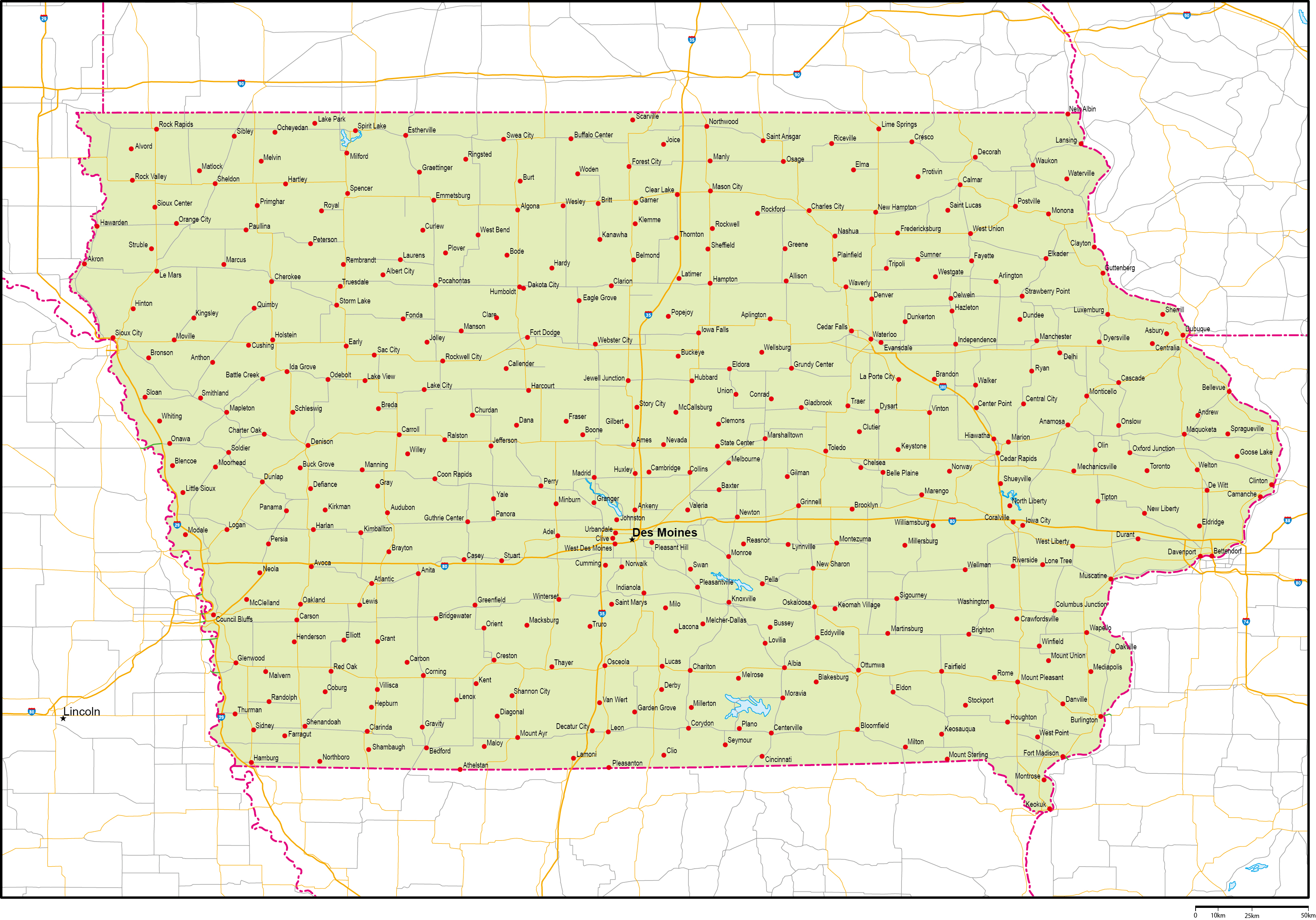 アイオワ州地図州都・主な都市・道路あり(英語)フリーデータの画像