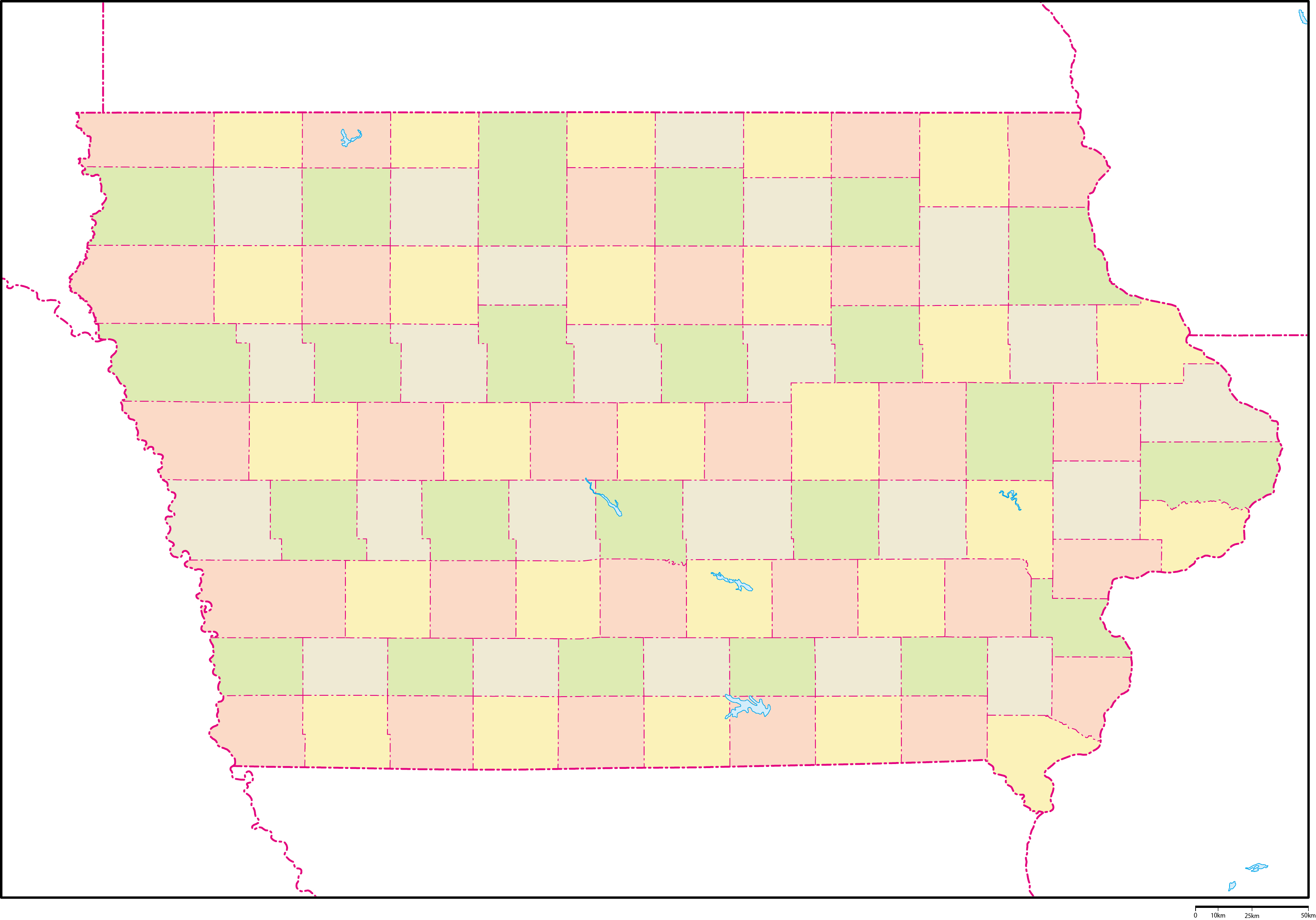 アイオワ州郡色分け地図フリーデータの画像
