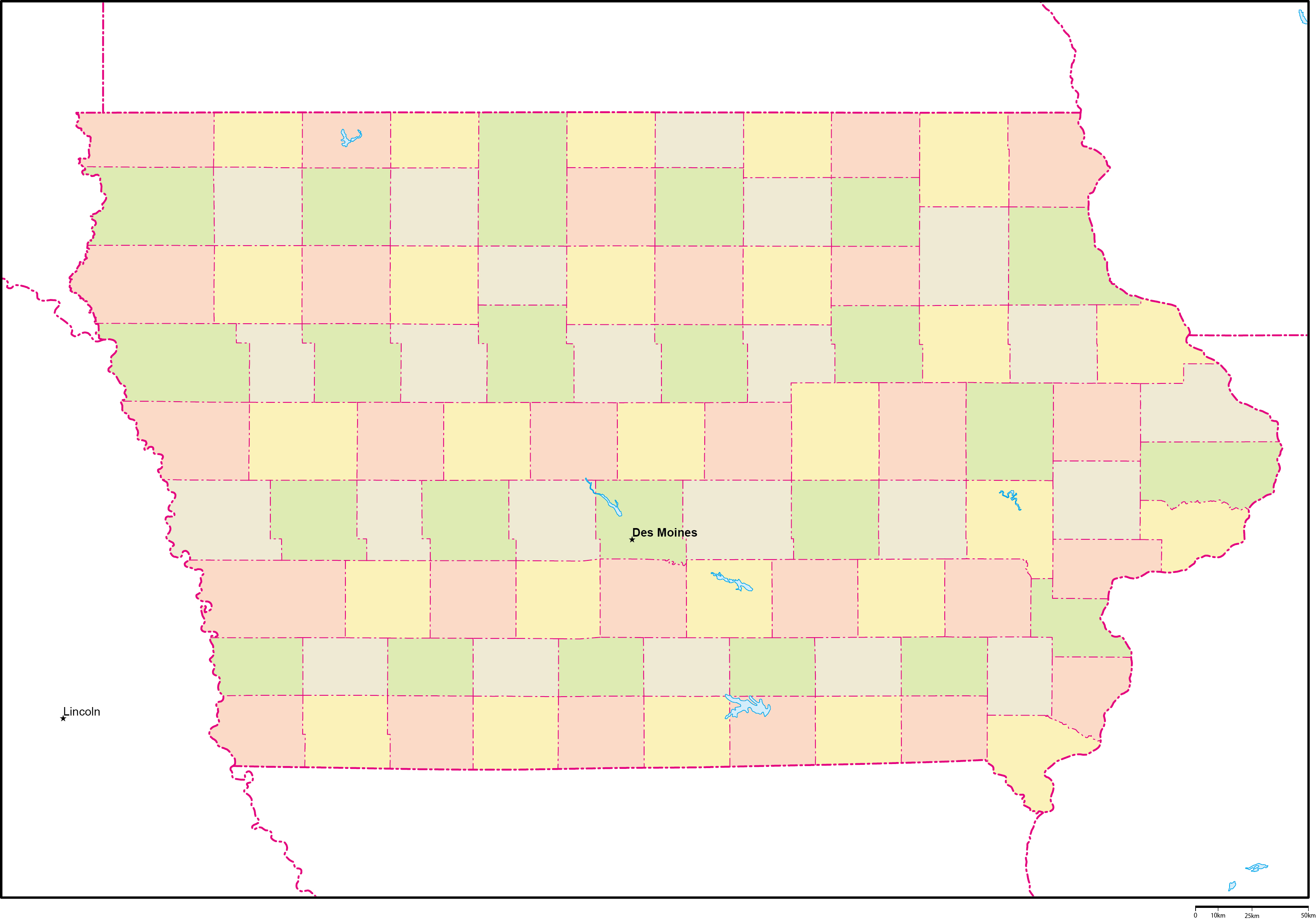 アイオワ州郡色分け地図州都あり(英語)フリーデータの画像