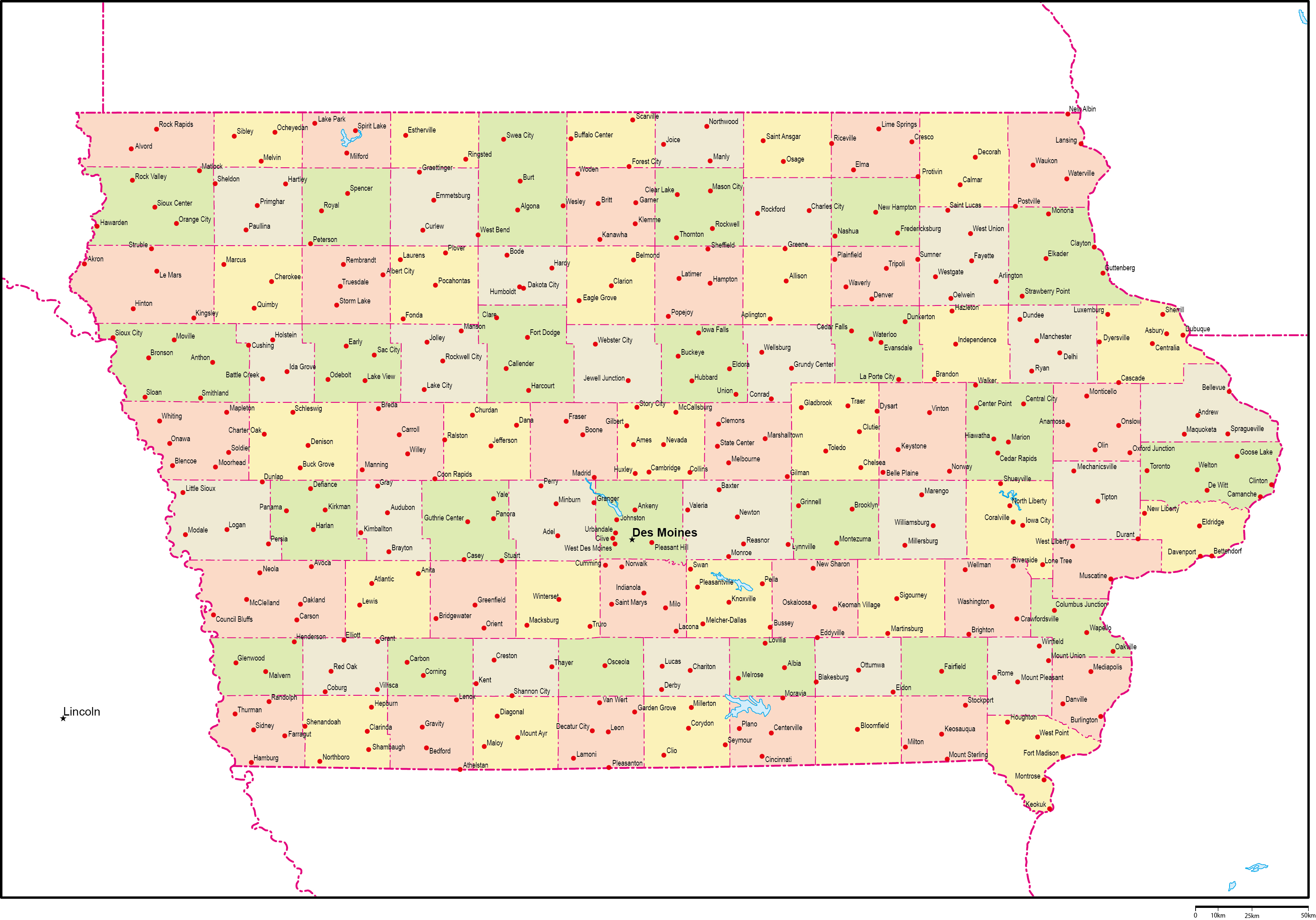 アイオワ州郡色分け地図州都・主な都市あり(英語)フリーデータの画像