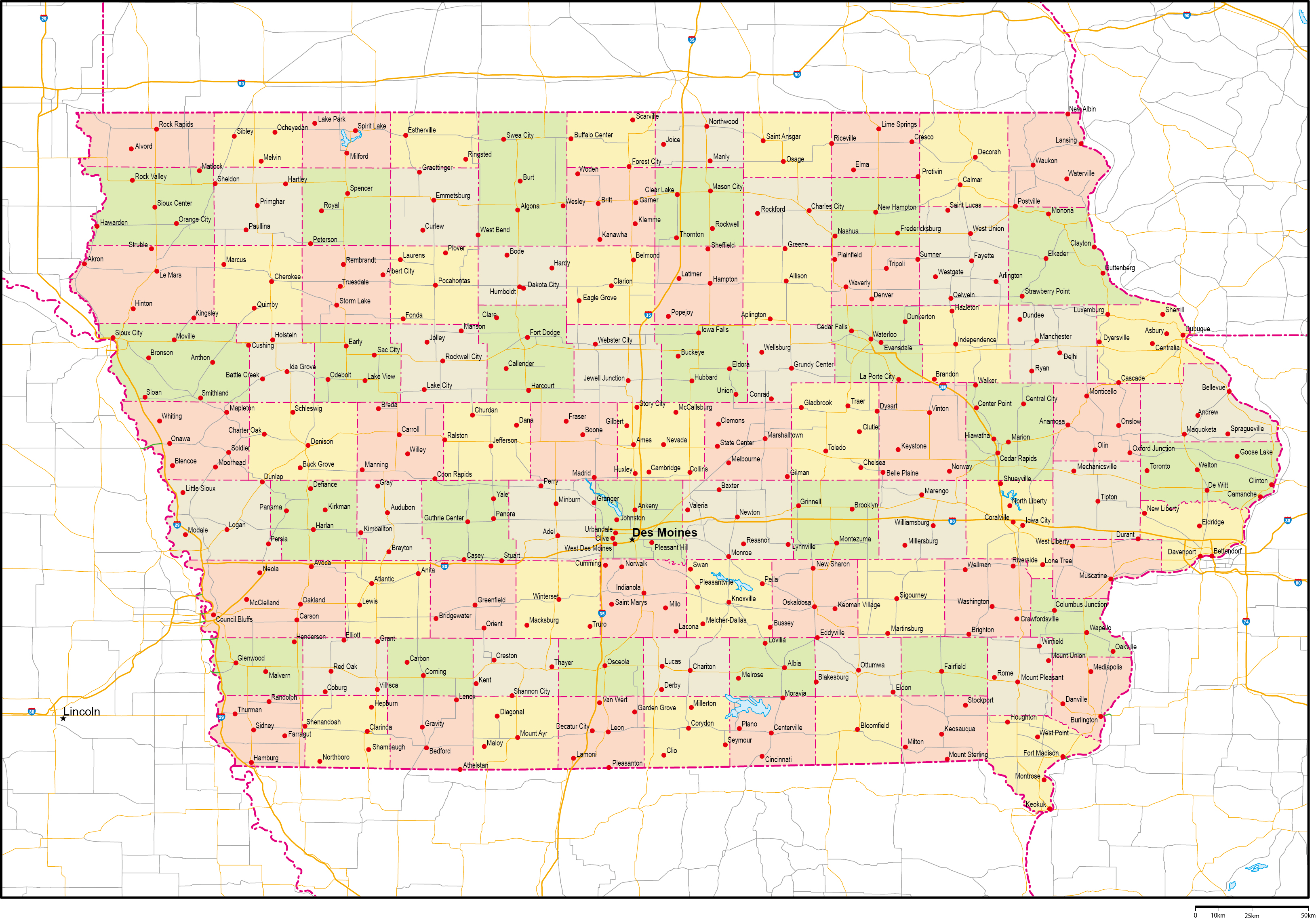 アイオワ州郡色分け地図州都・主な都市・道路あり(英語)フリーデータの画像