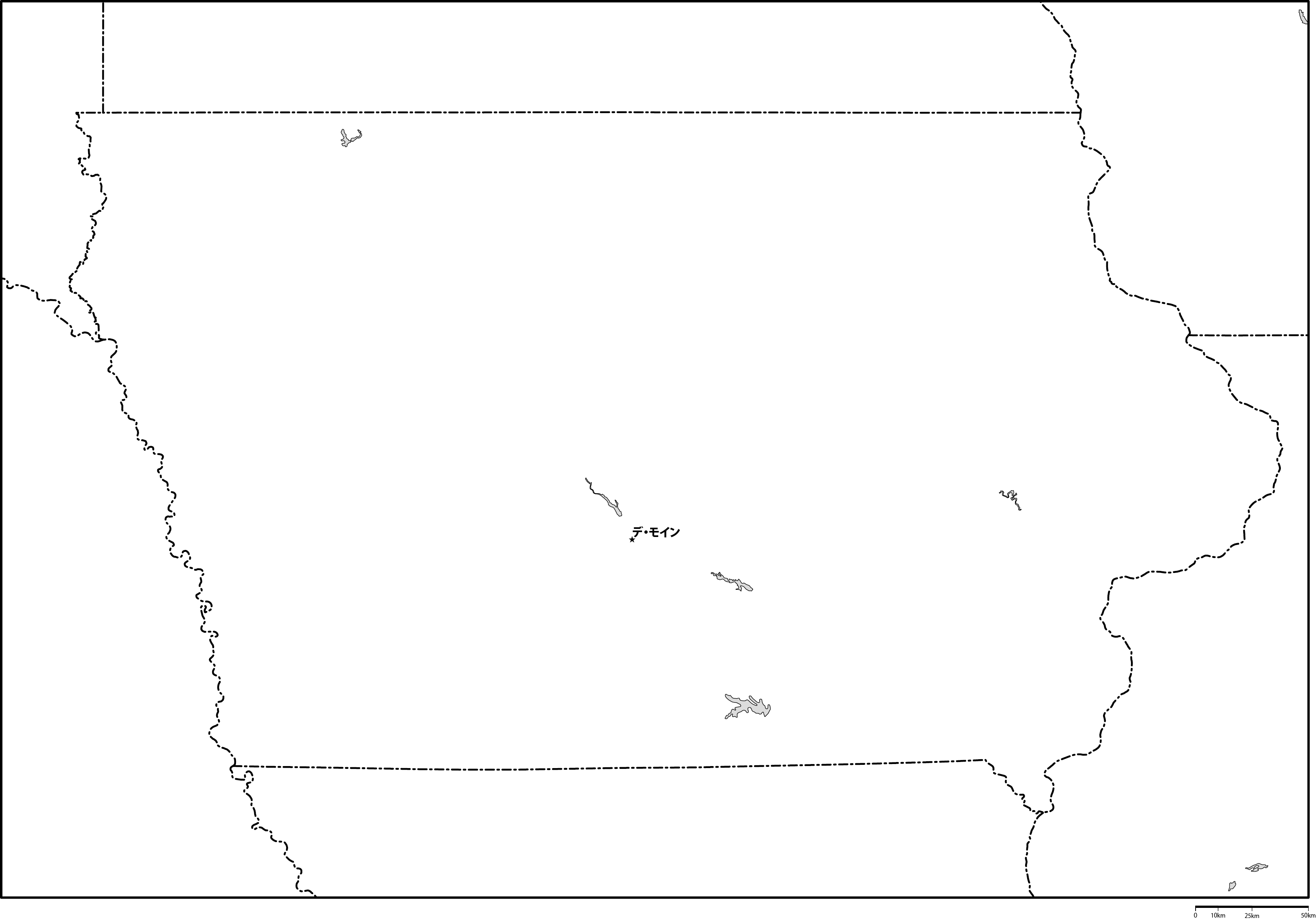 アイオワ州白地図州都あり(日本語)フリーデータの画像