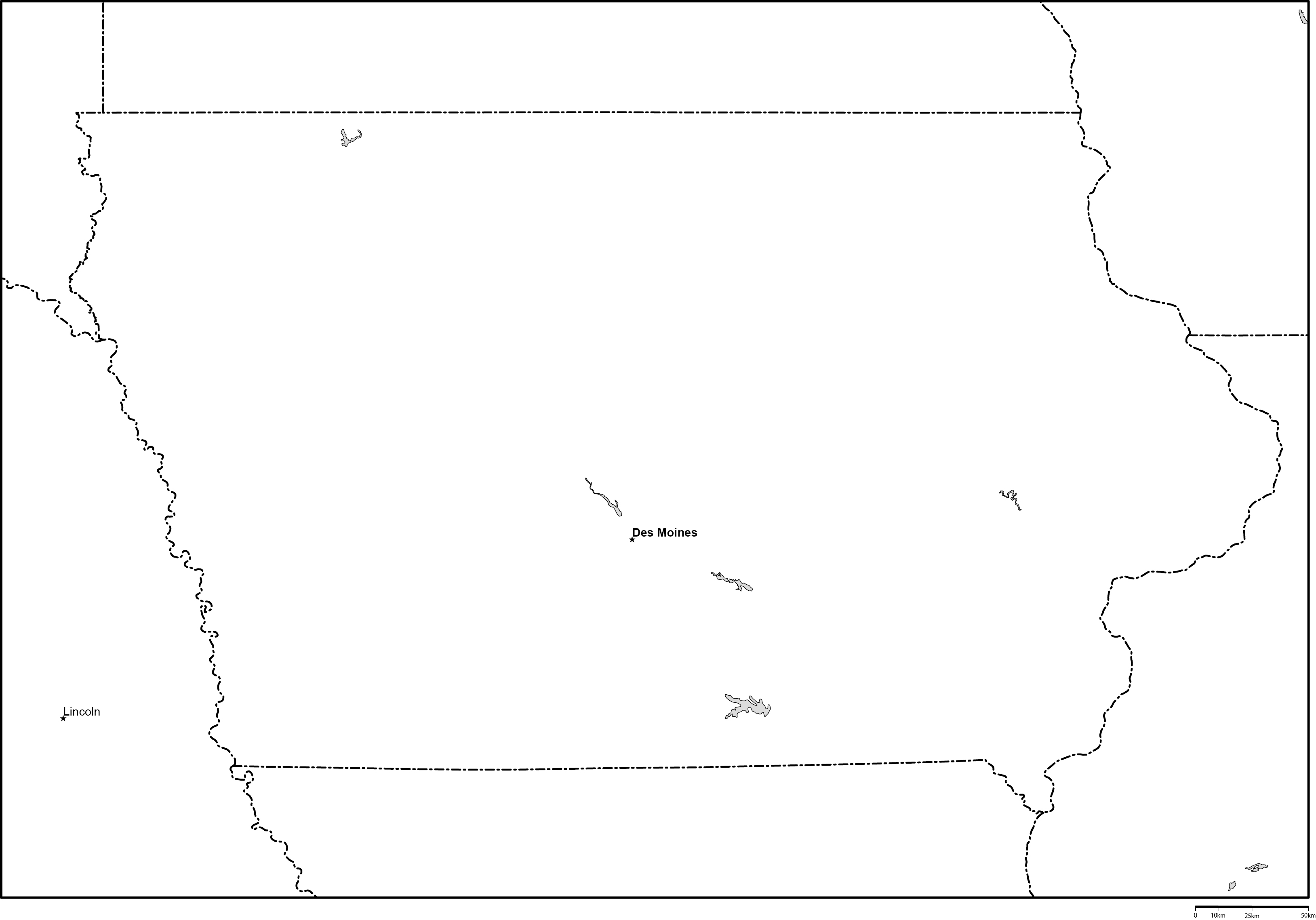 アイオワ州白地図州都あり(英語)フリーデータの画像