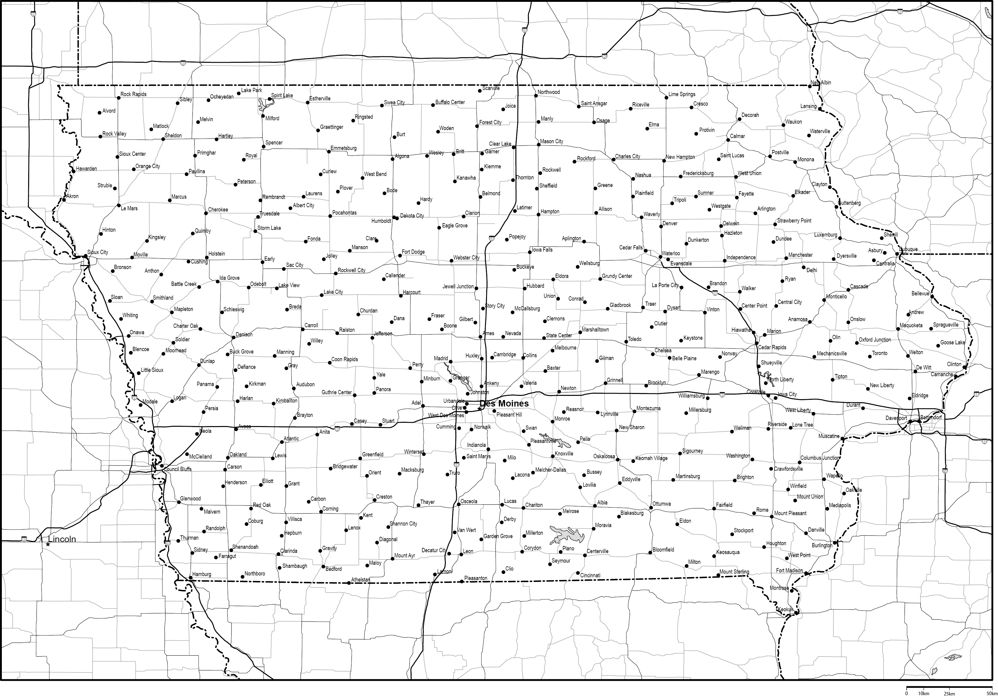 アイオワ州白地図州都・主な都市・道路あり(英語)フリーデータの画像