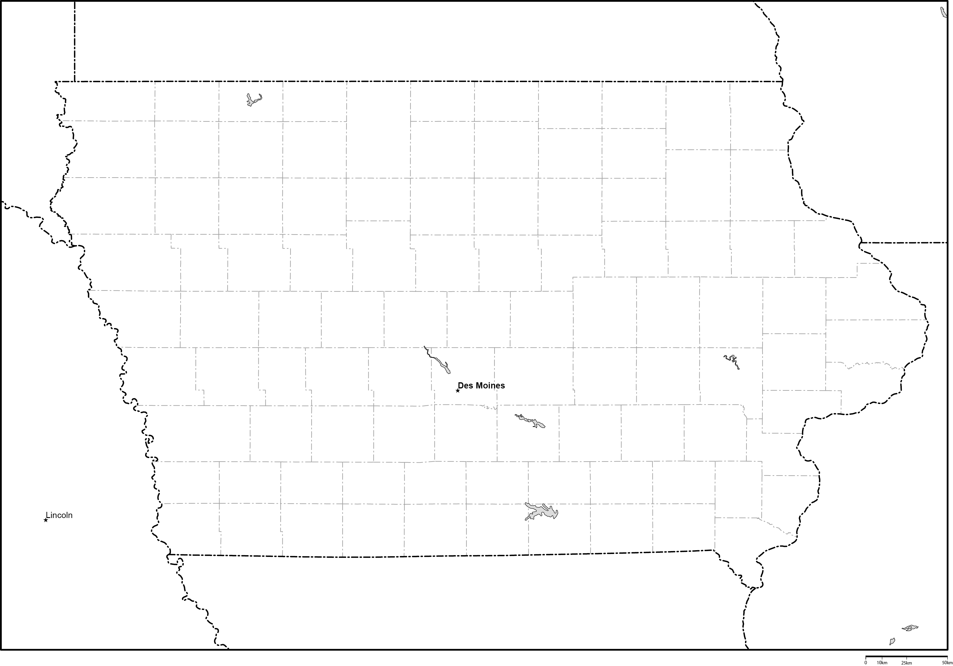 アイオワ州郡分け白地図州都あり(英語)フリーデータの画像