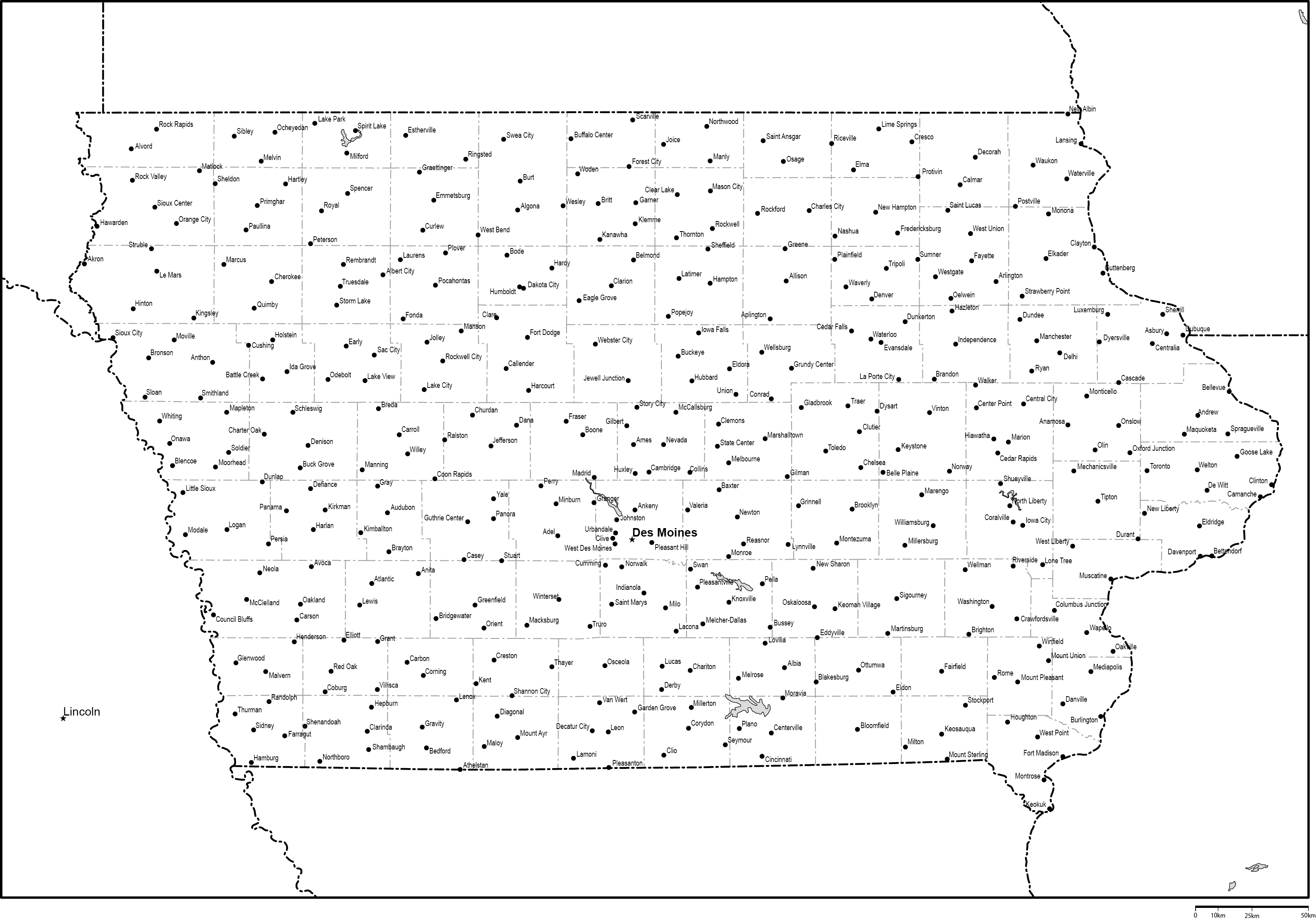 アイオワ州郡分け白地図州都・主な都市あり(英語)フリーデータの画像