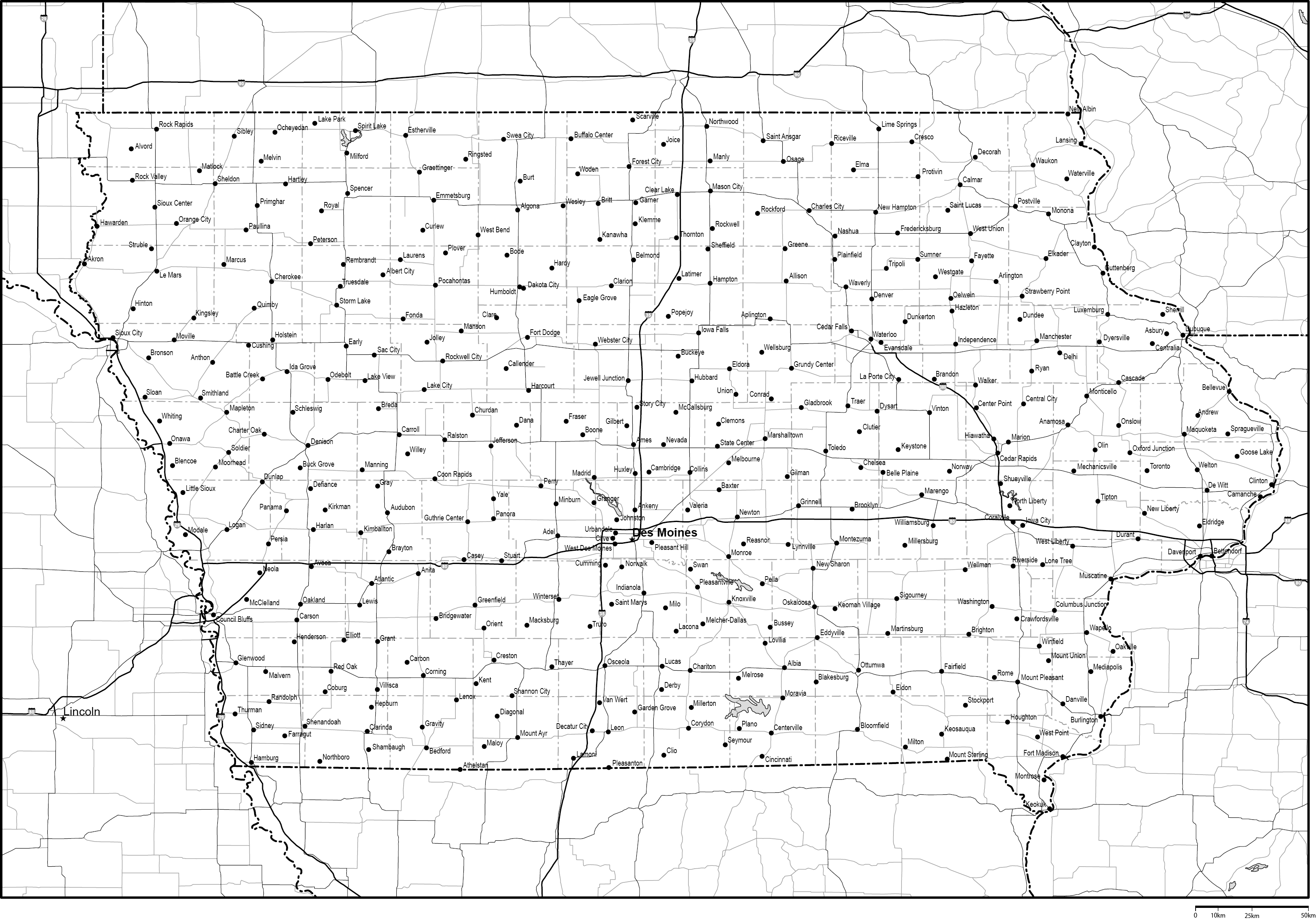 アイオワ州郡分け白地図州都・主な都市・道路あり(英語)フリーデータの画像