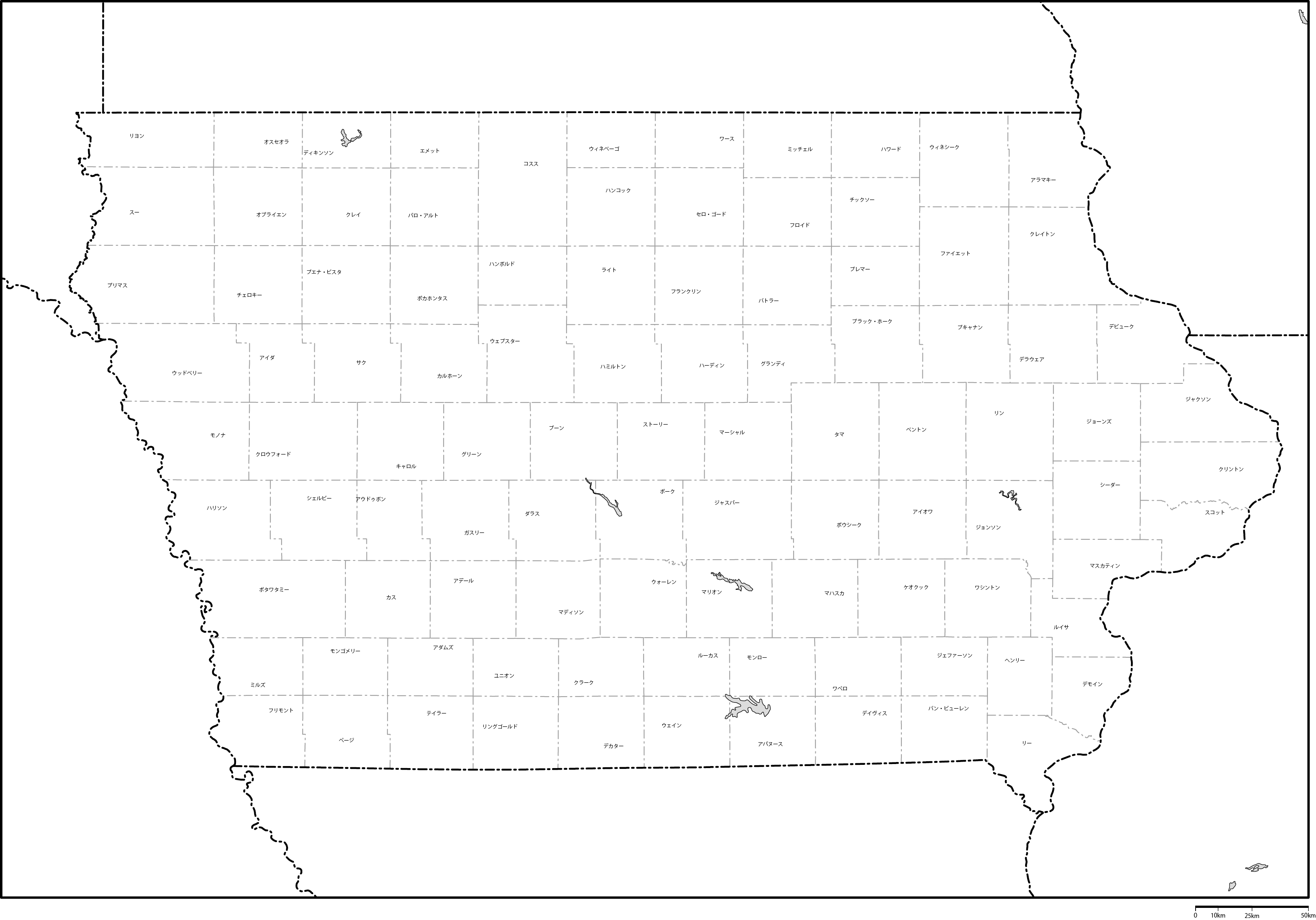 アイオワ州郡分け地図郡名あり(日本語)フリーデータの画像