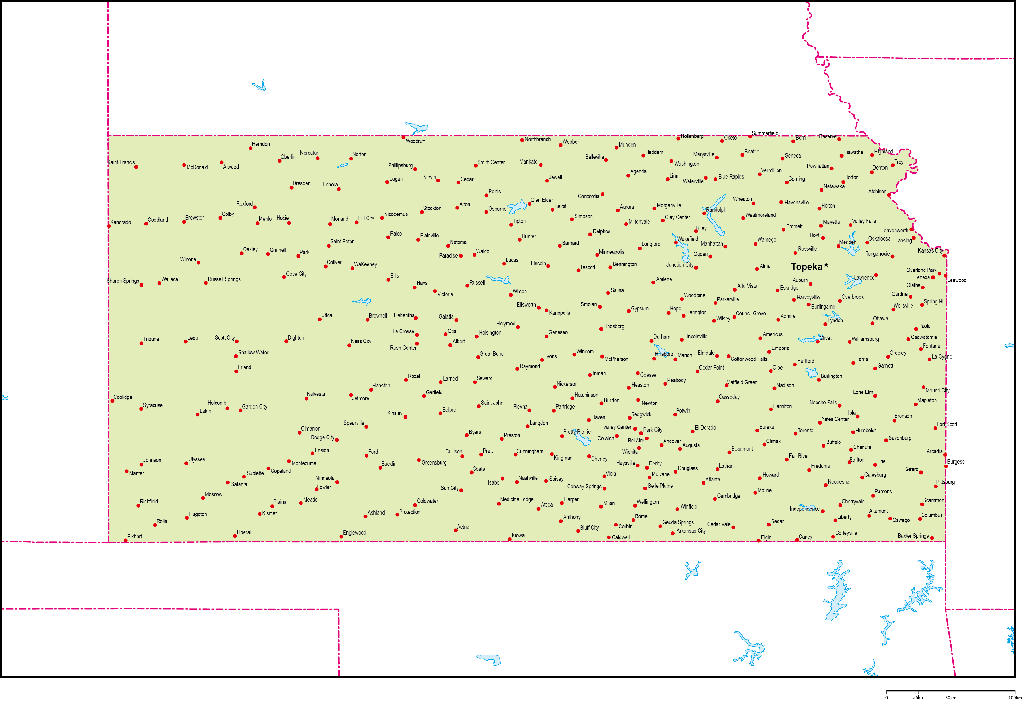 カンザス州地図州都・主な都市あり(英語)フリーデータの画像