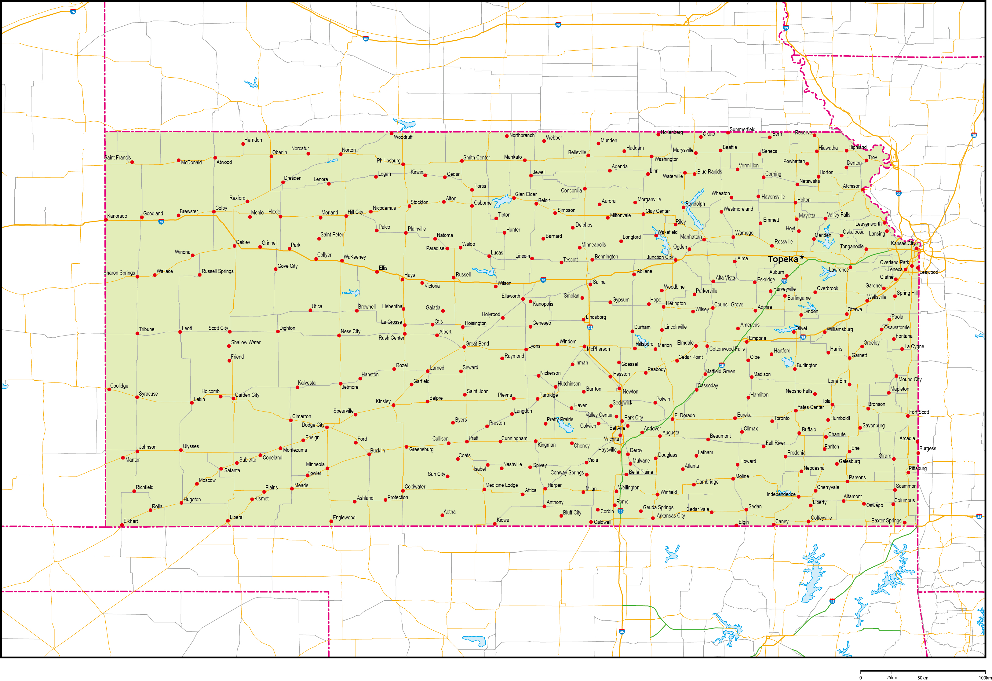 カンザス州地図州都・主な都市・道路あり(英語)フリーデータの画像