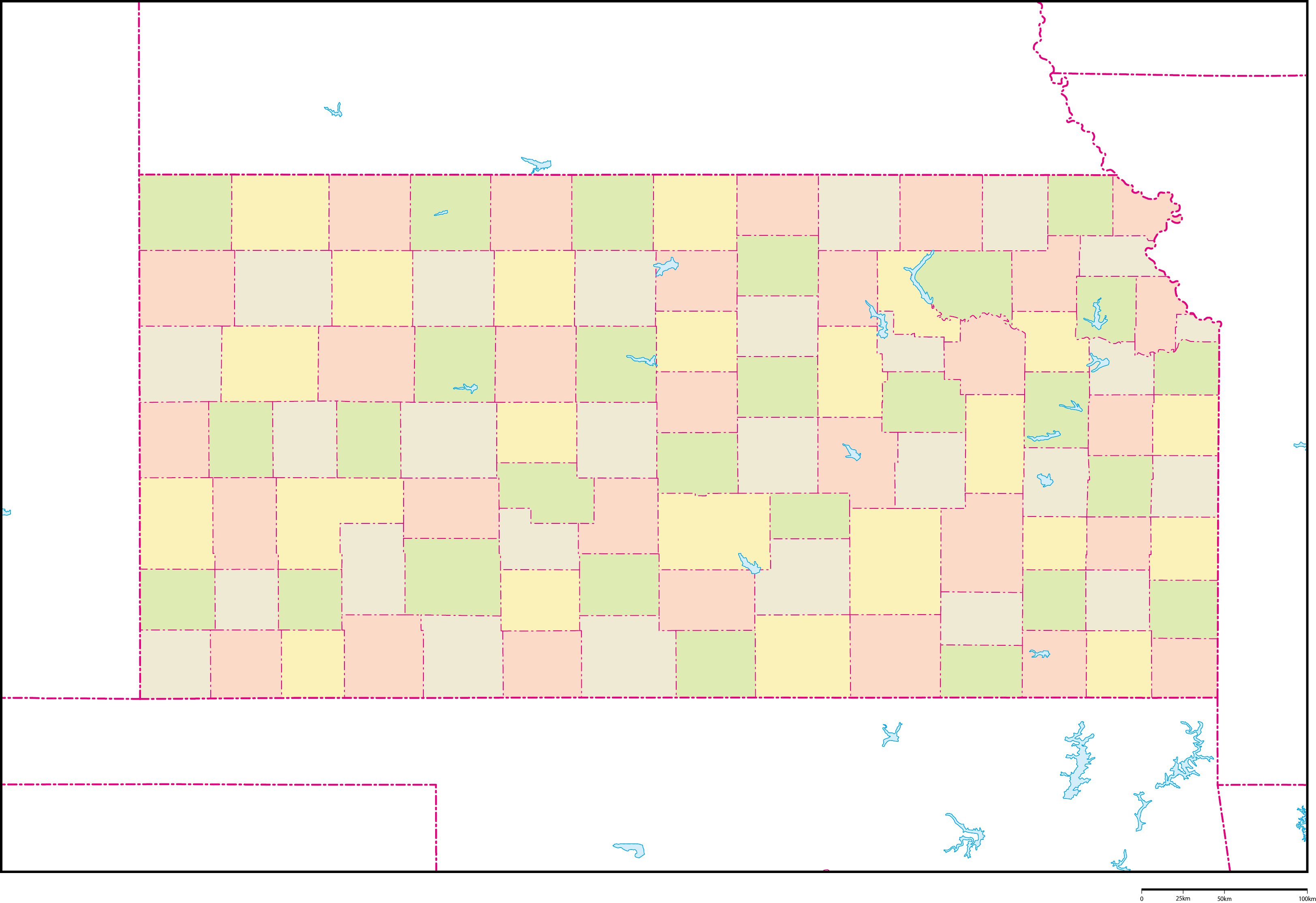 カンザス州郡色分け地図フリーデータの画像