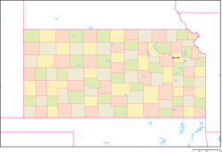カンザス州郡色分け地図州都あり(日本語)