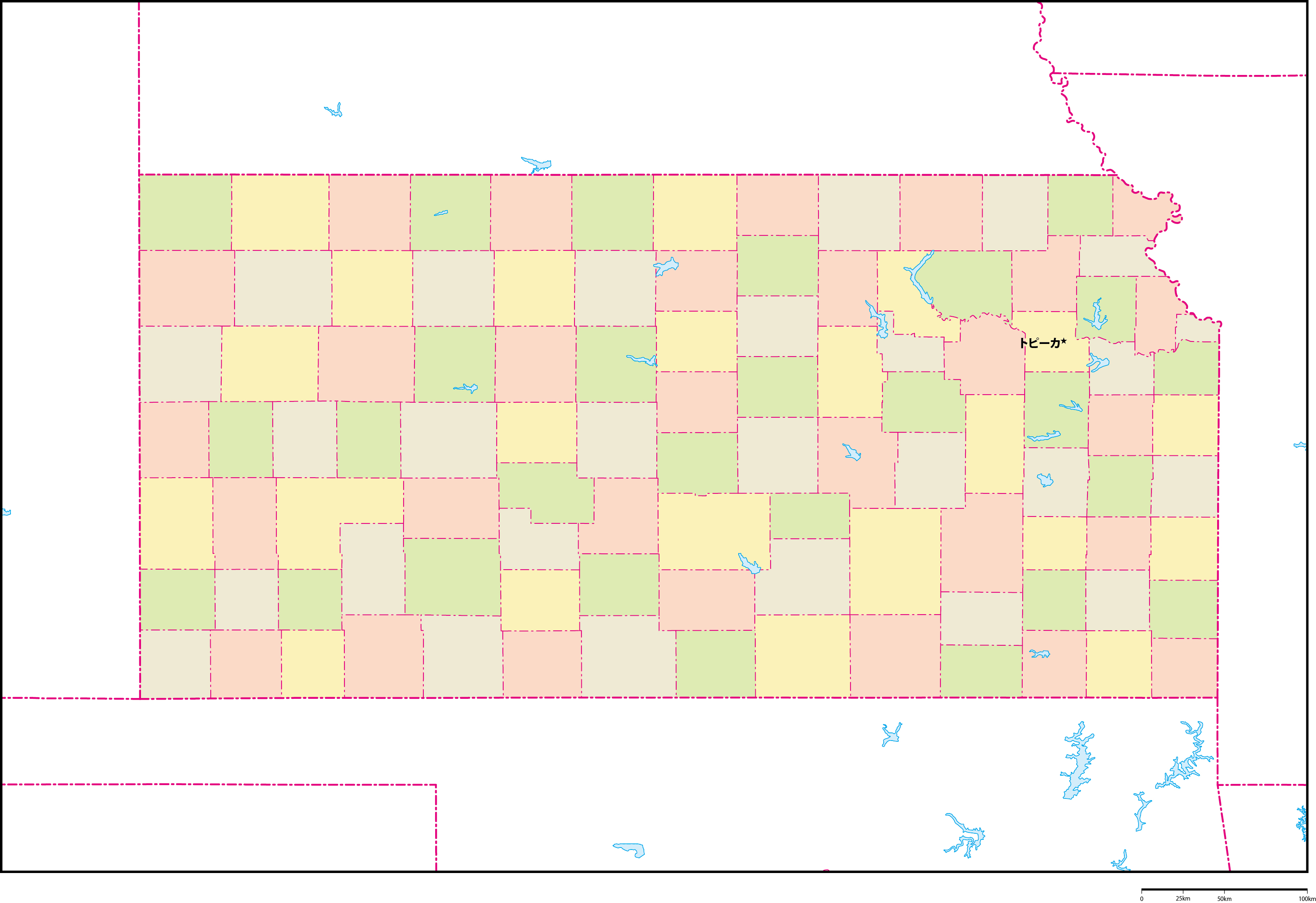 カンザス州郡色分け地図州都あり(日本語)フリーデータの画像