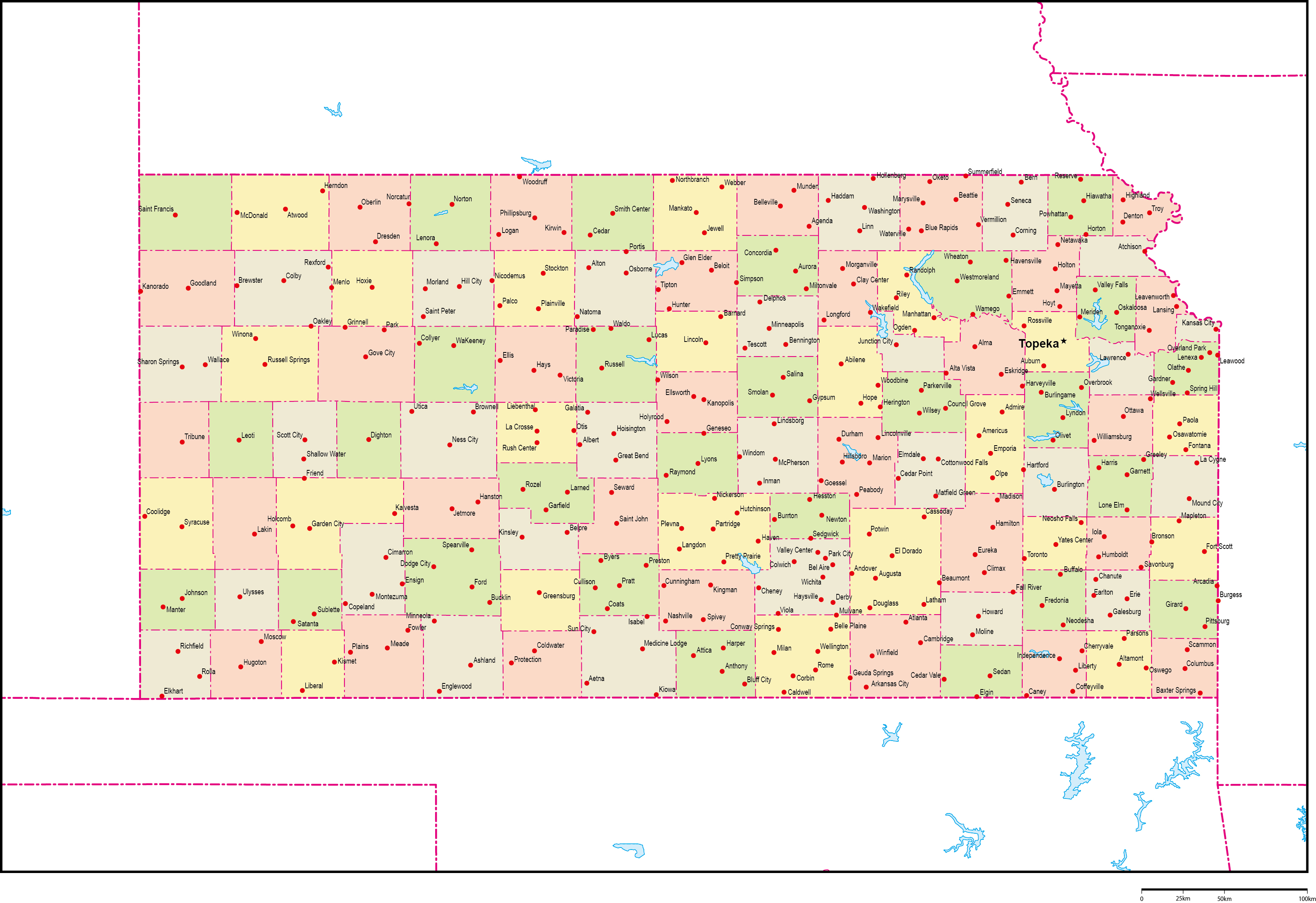 カンザス州郡色分け地図州都・主な都市あり(英語)フリーデータの画像