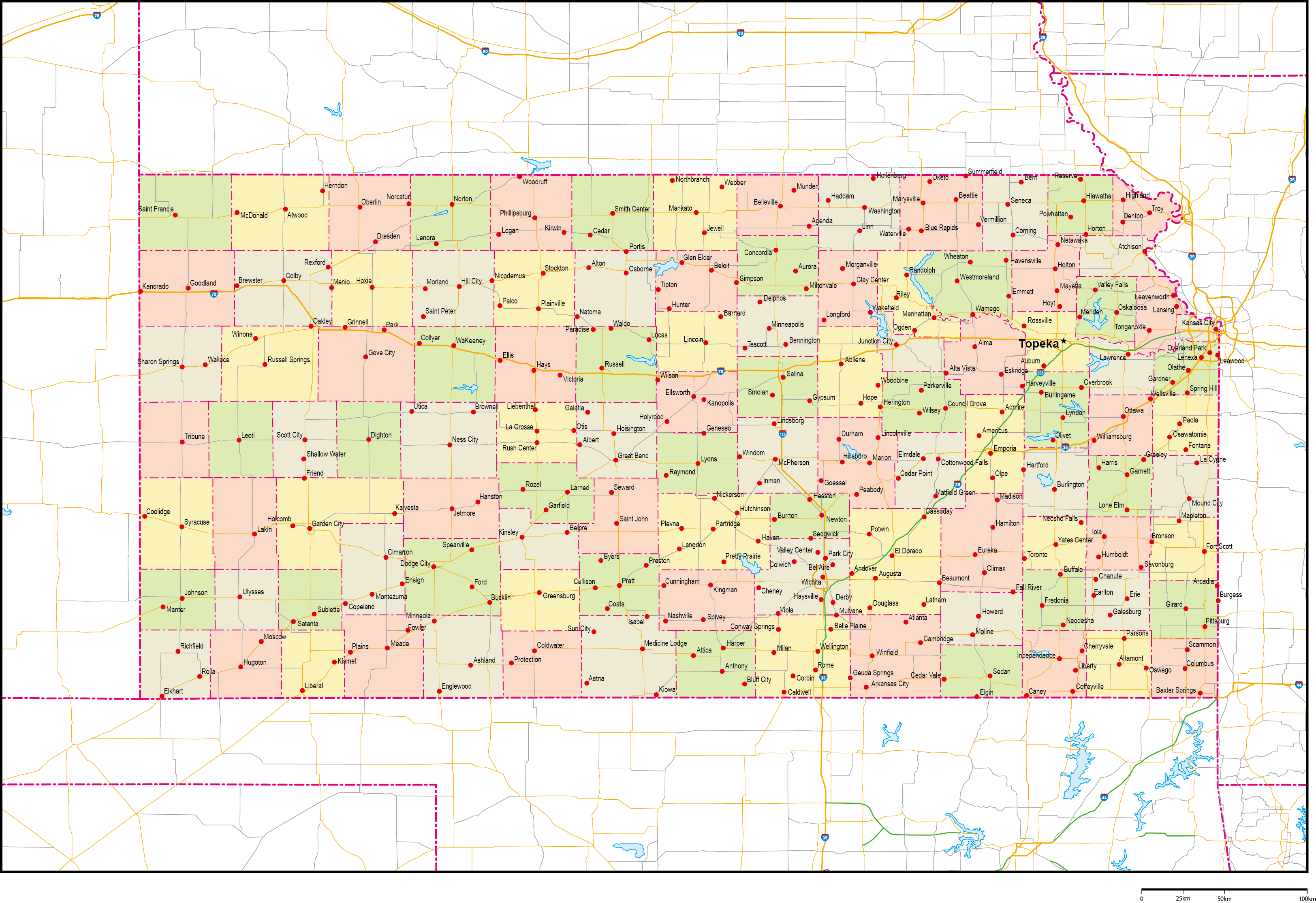 カンザス州郡色分け地図州都・主な都市・道路あり(英語)フリーデータの画像