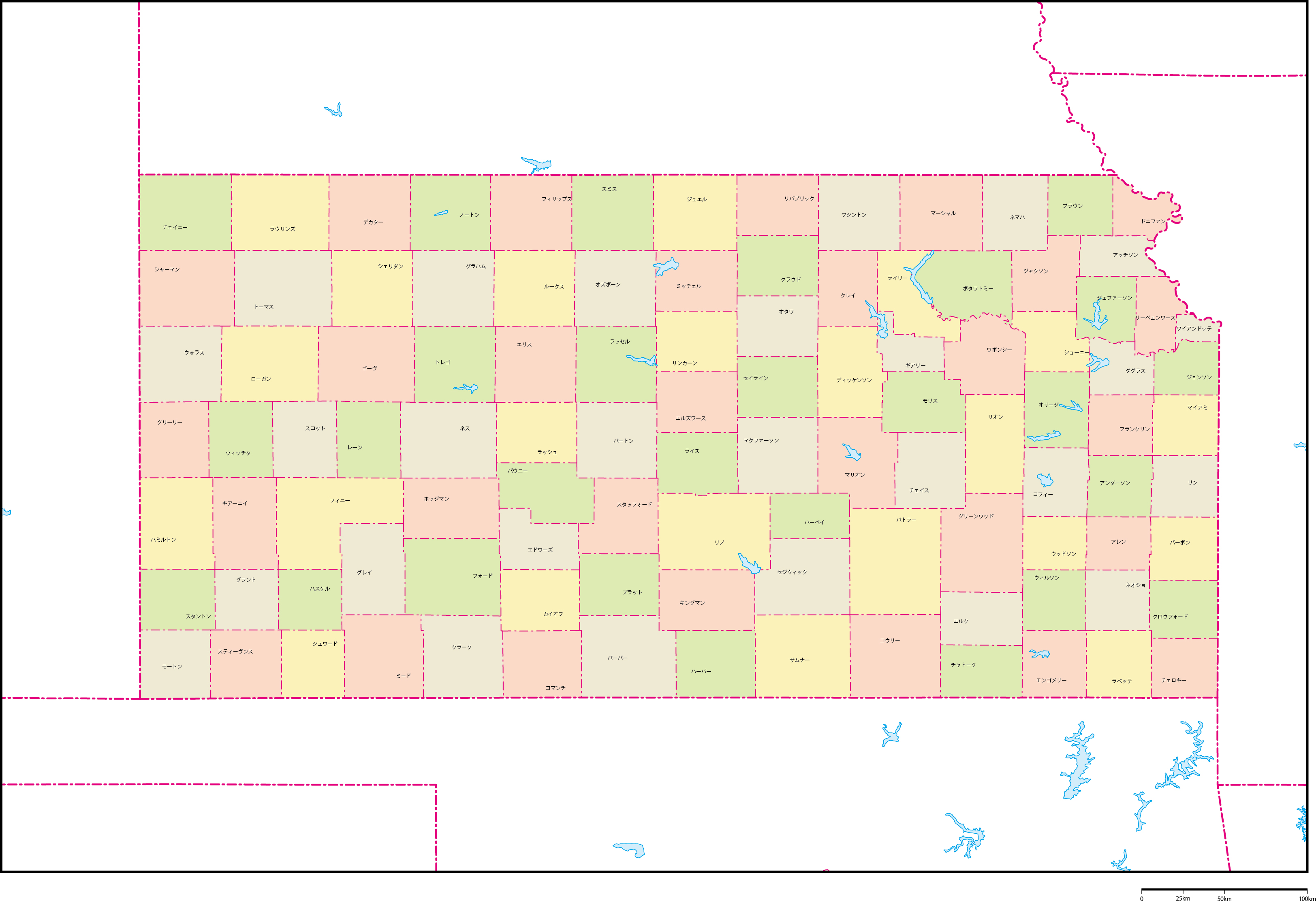 カンザス州郡色分け地図郡名あり(日本語)フリーデータの画像