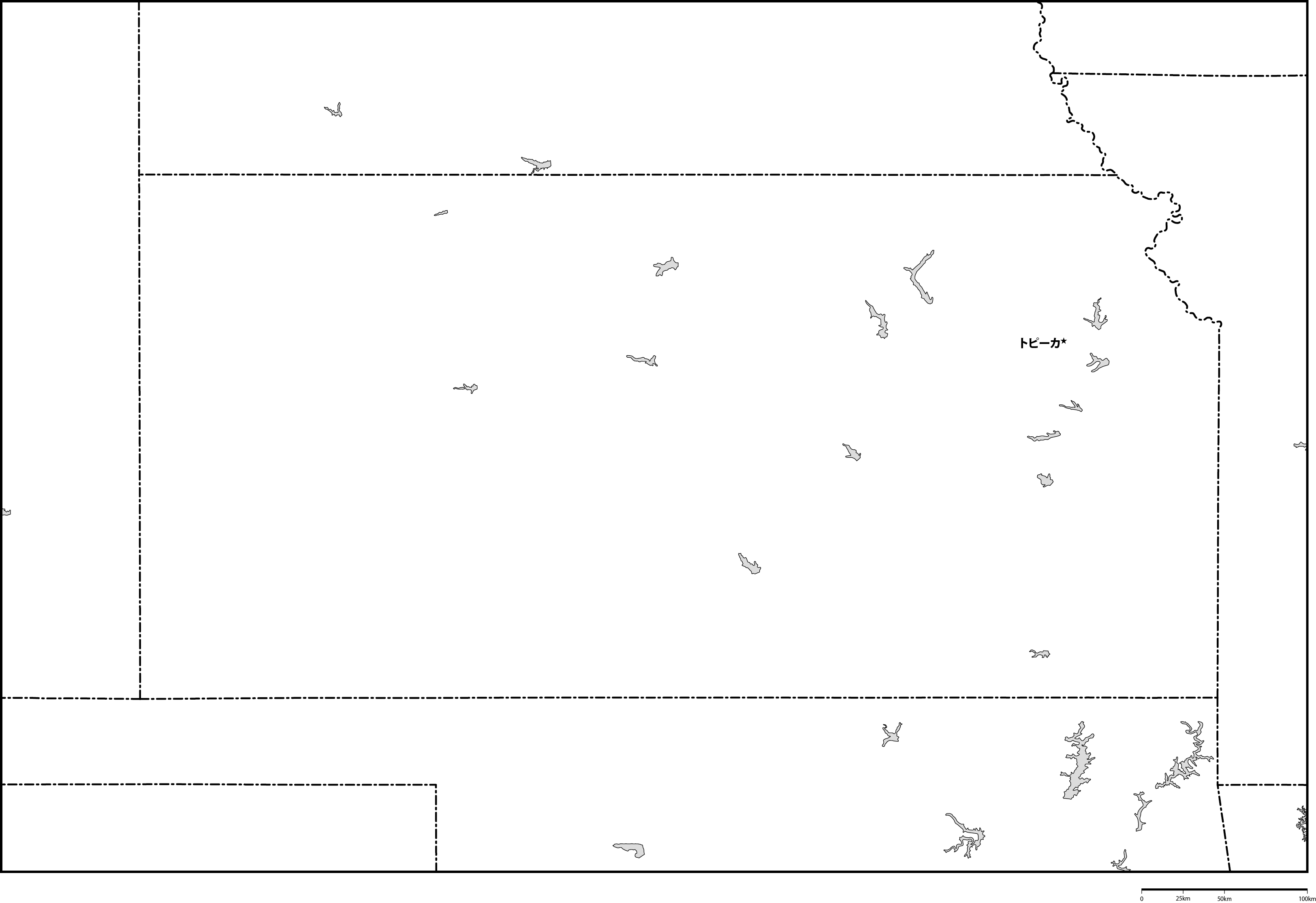 カンザス州白地図州都あり(日本語)フリーデータの画像