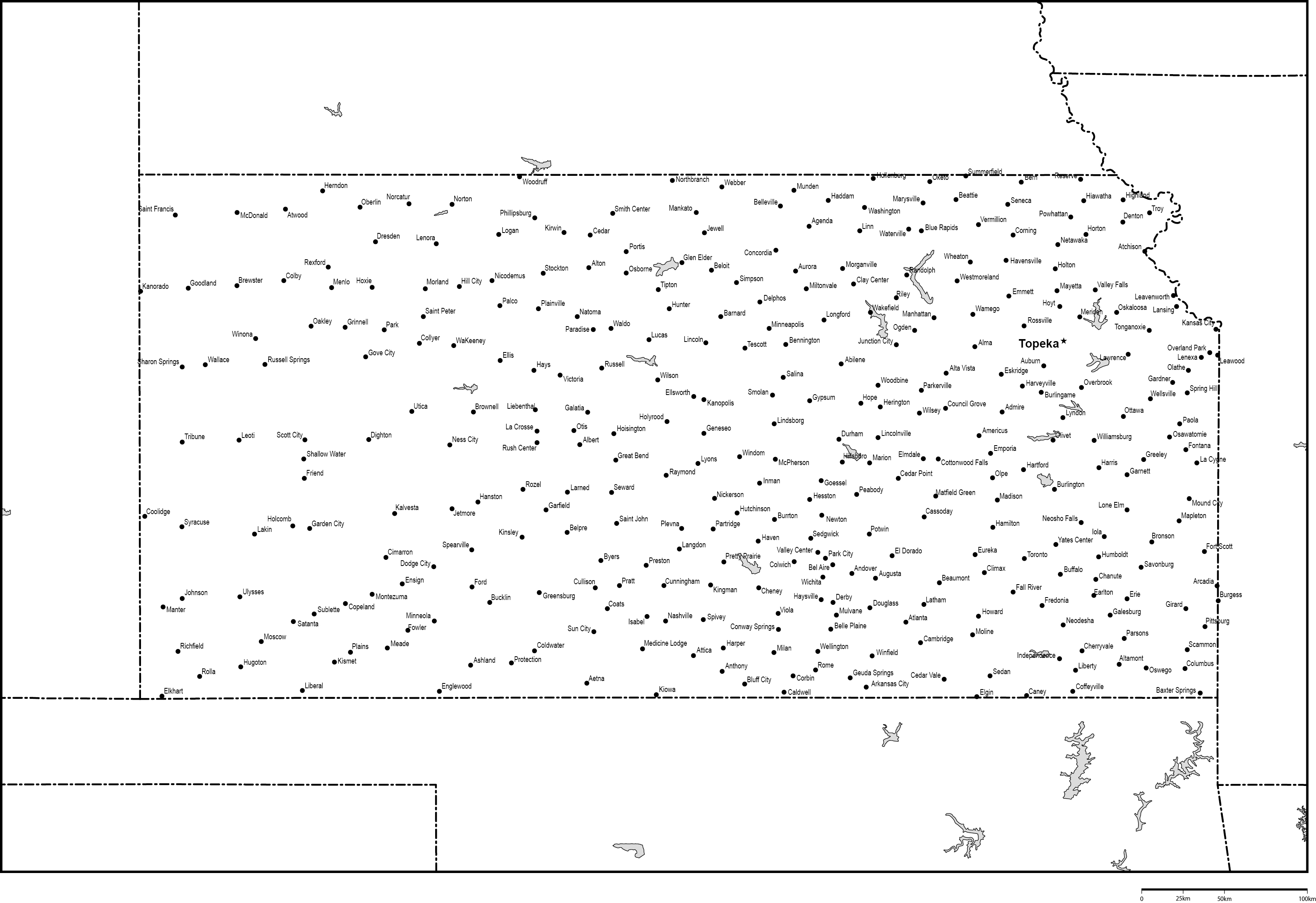 カンザス州白地図州都・主な都市あり(英語)フリーデータの画像