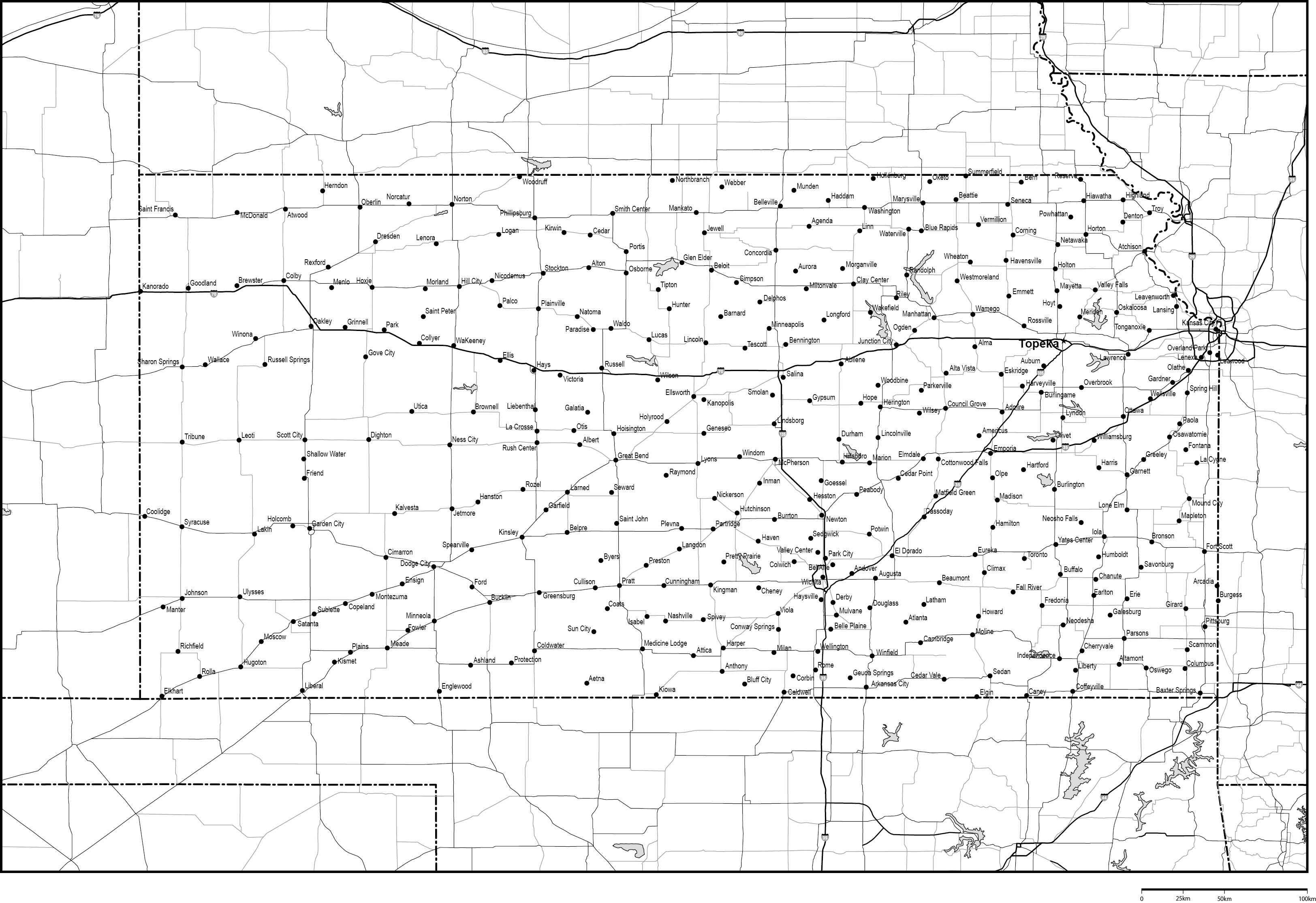 カンザス州白地図州都・主な都市・道路あり(英語)フリーデータの画像