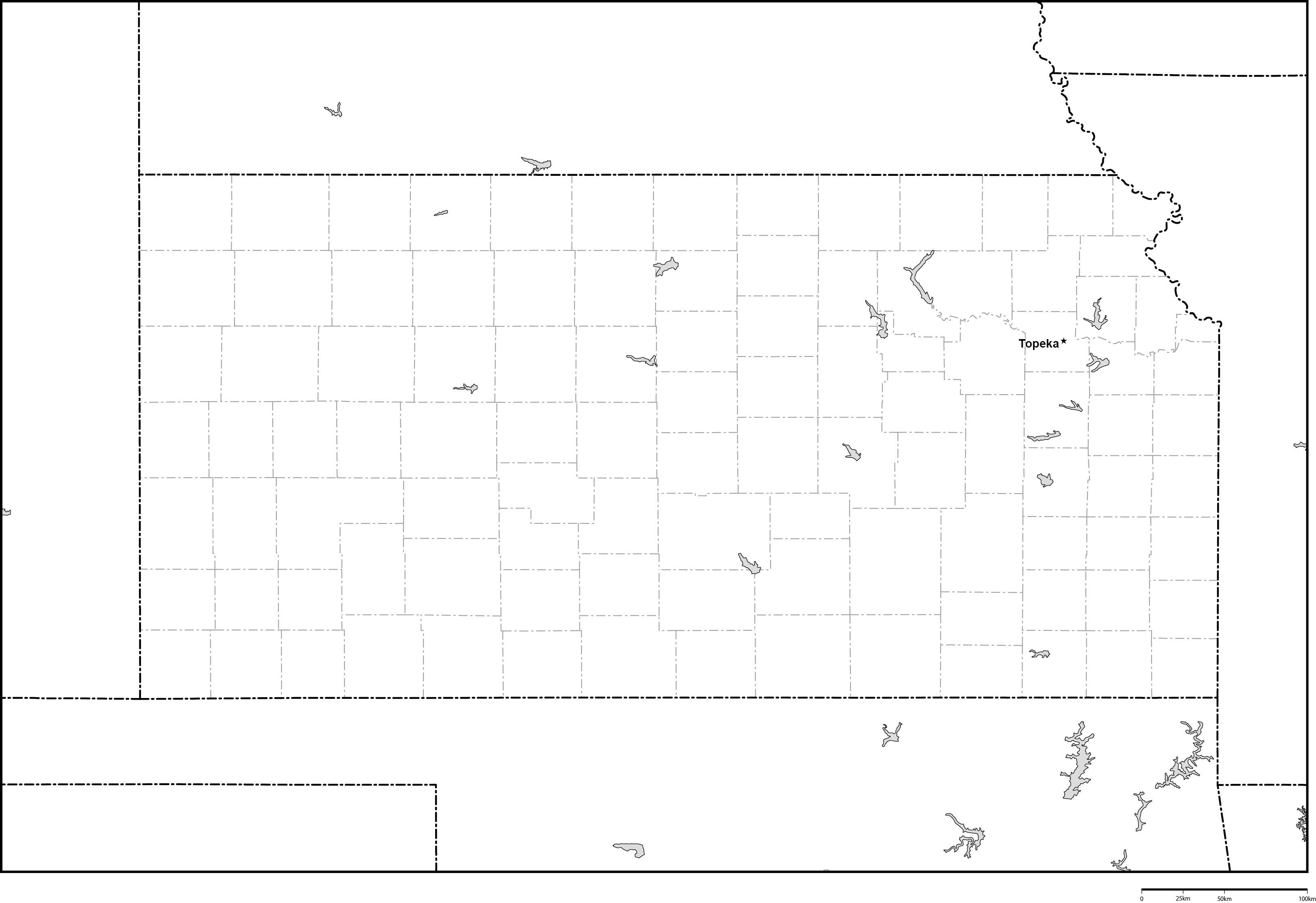 カンザス州郡分け白地図州都あり(英語)フリーデータの画像