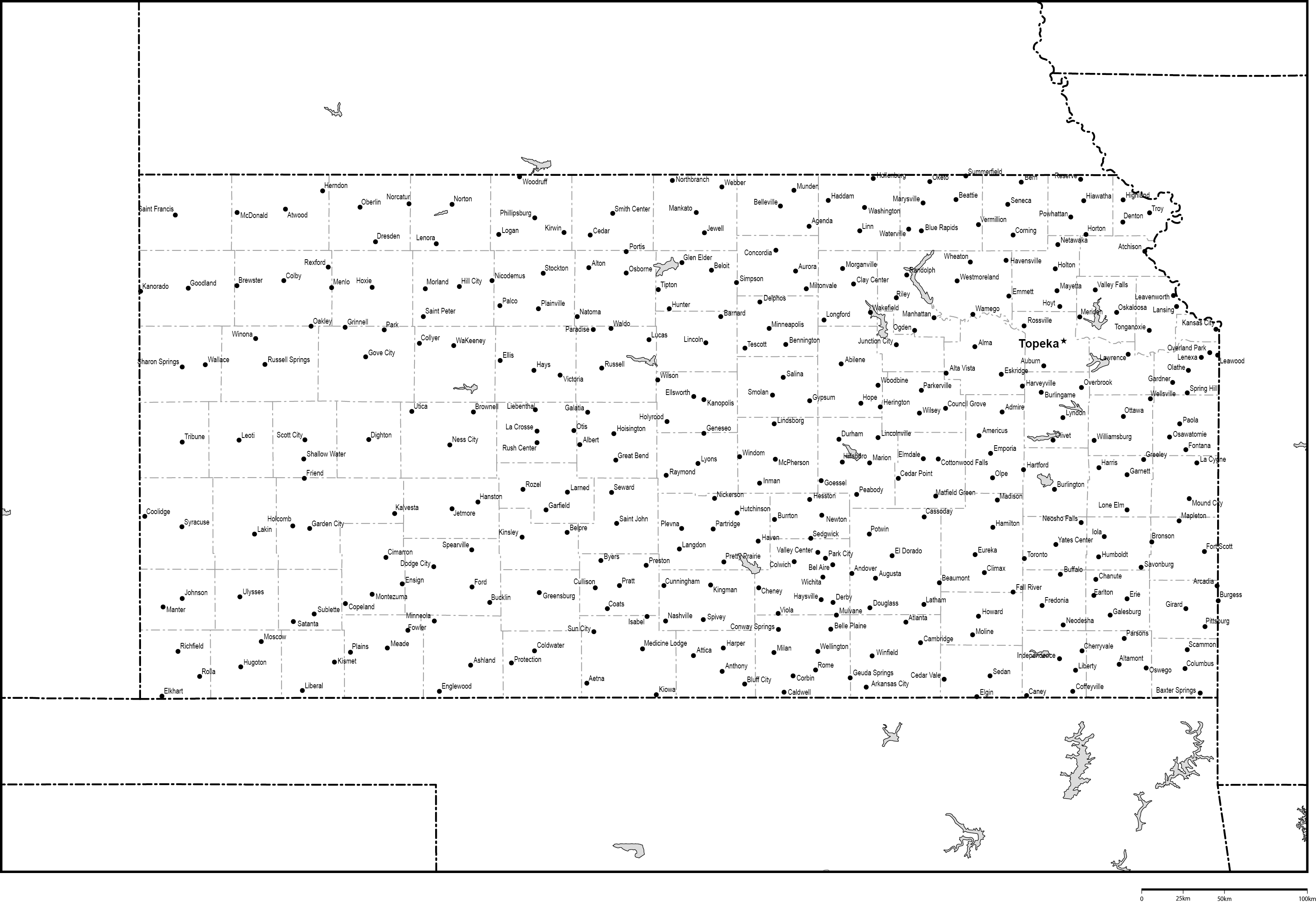 カンザス州郡分け白地図州都・主な都市あり(英語)フリーデータの画像