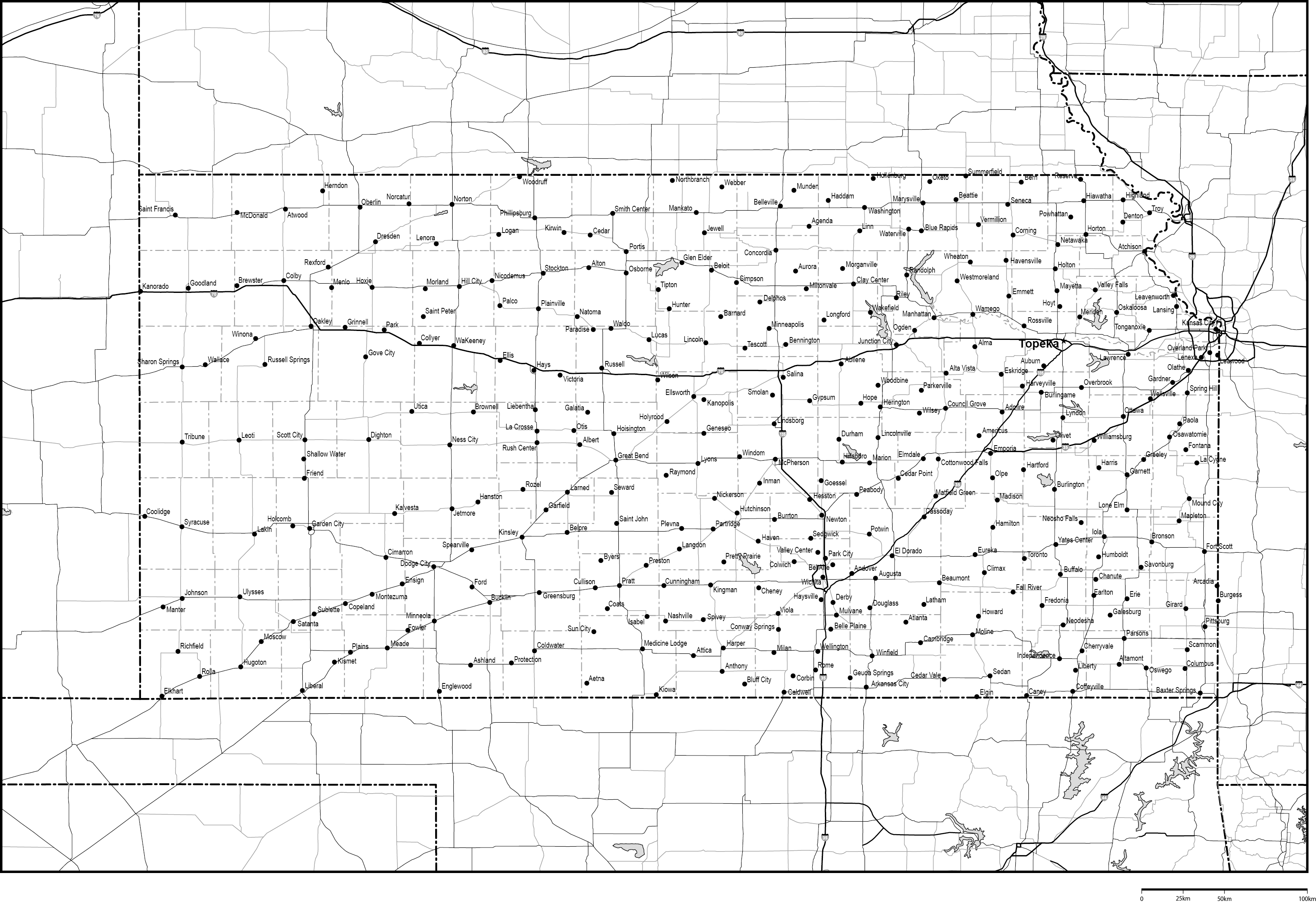 カンザス州郡分け白地図州都・主な都市・道路あり(英語)フリーデータの画像