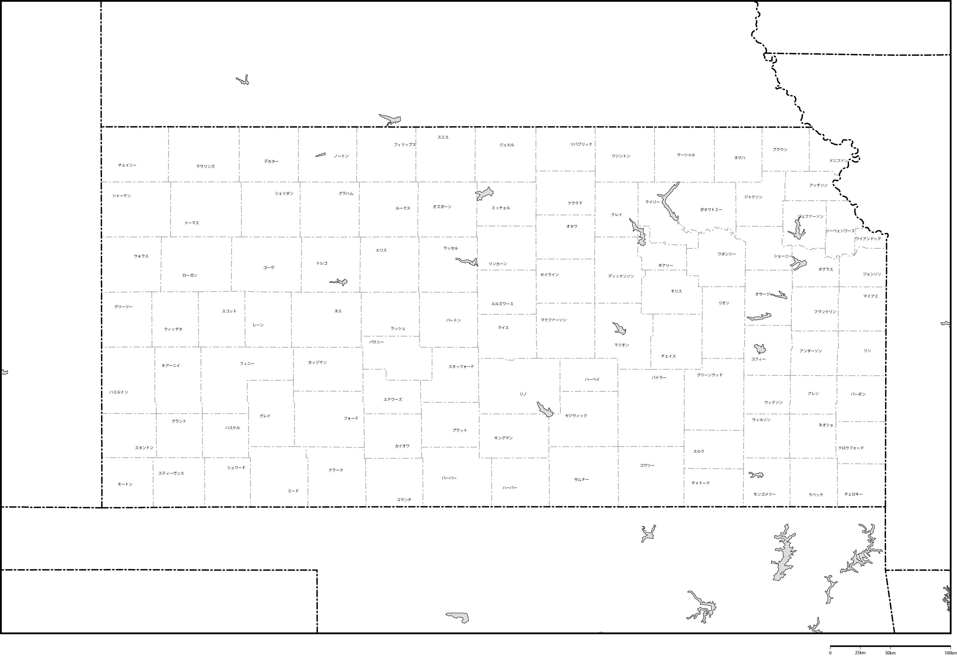 カンザス州郡分け地図郡名あり(日本語)フリーデータの画像
