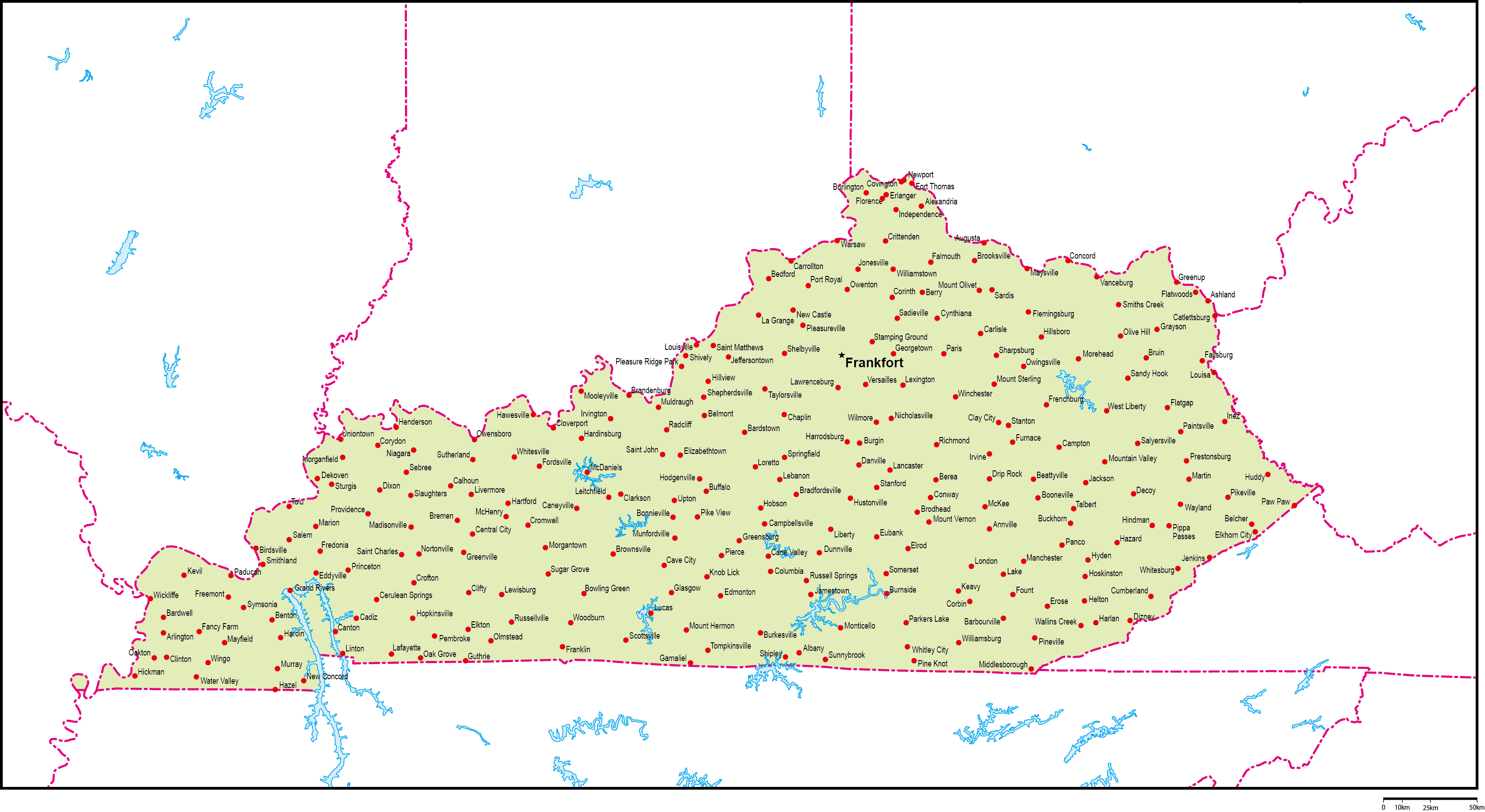 ケンタッキー州地図州都・主な都市あり(英語)フリーデータの画像