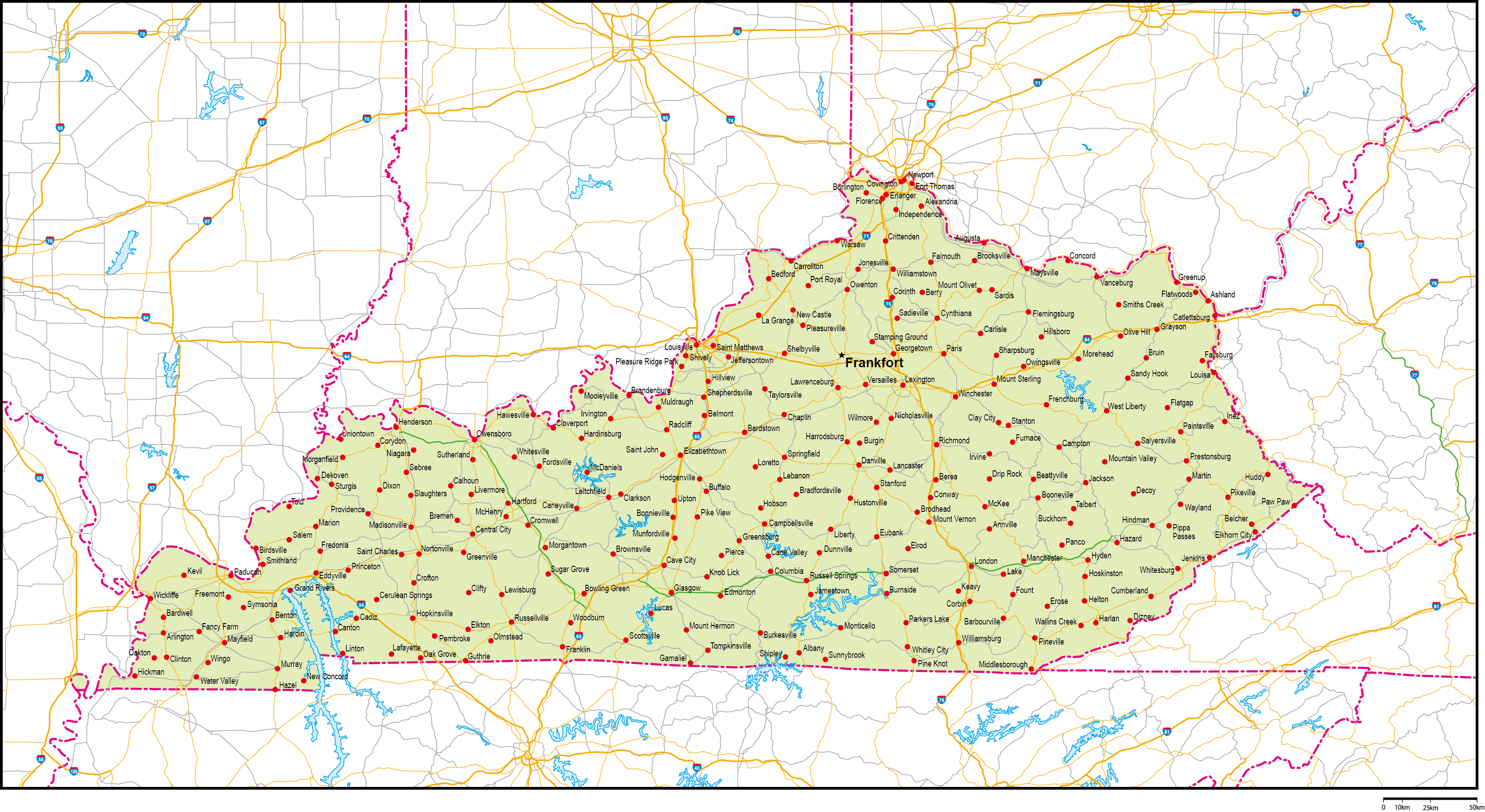 ケンタッキー州地図州都・主な都市・道路あり(英語)フリーデータの画像
