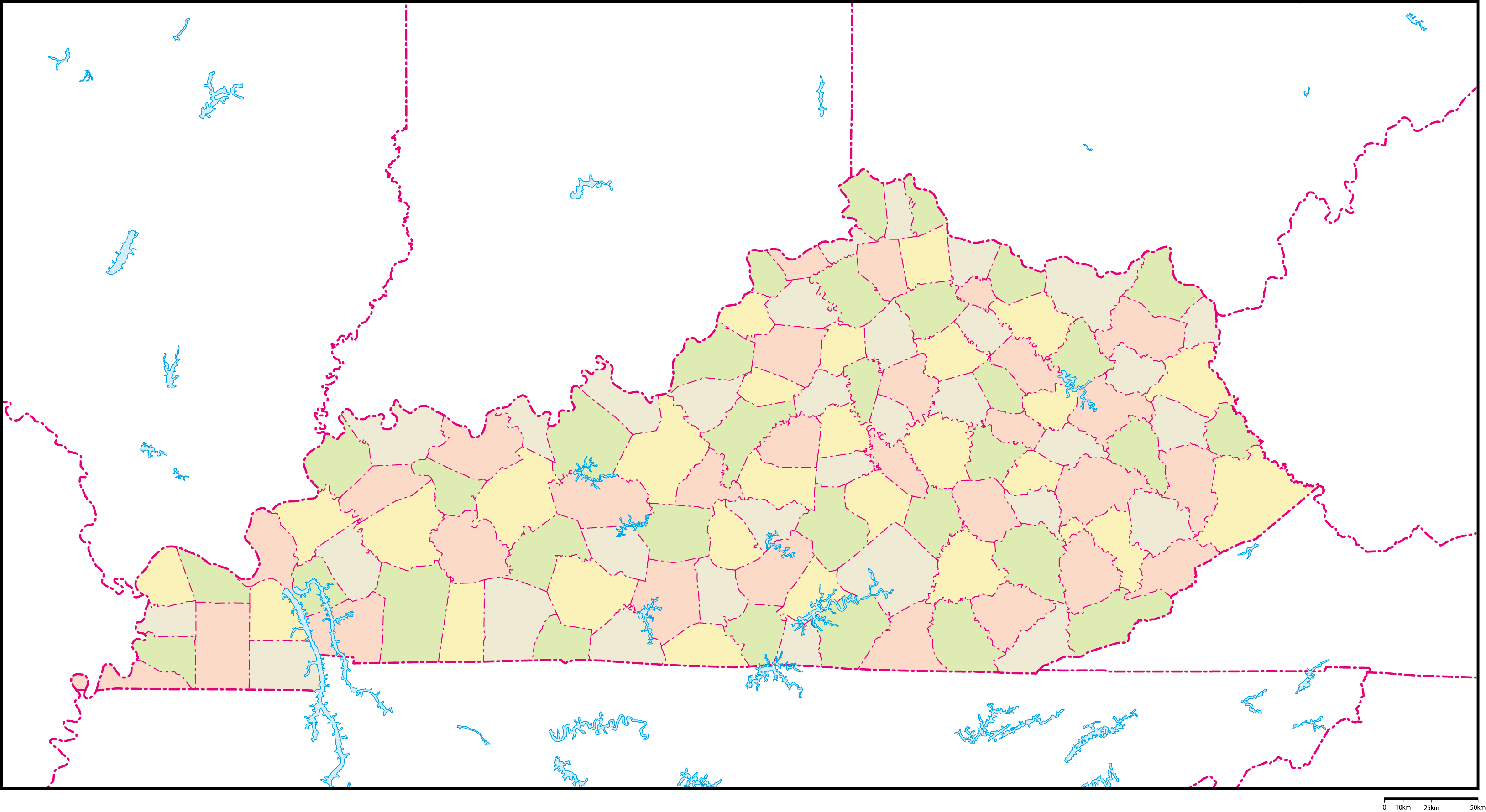 ケンタッキー州郡色分け地図フリーデータの画像