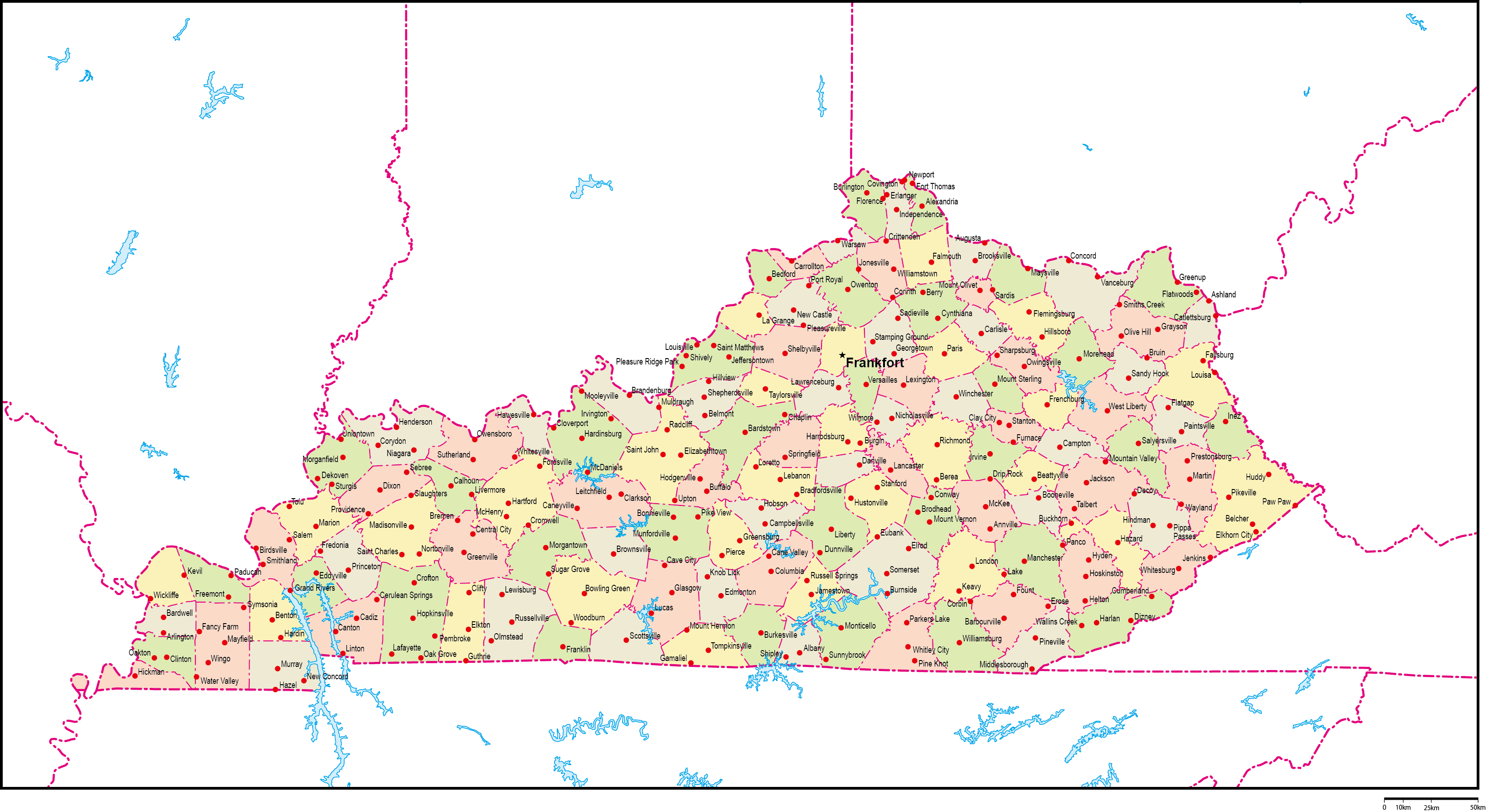 ケンタッキー州郡色分け地図州都・主な都市あり(英語)フリーデータの画像