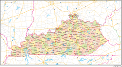 ケンタッキー州郡色分け地図州都・主な都市・道路あり(英語)