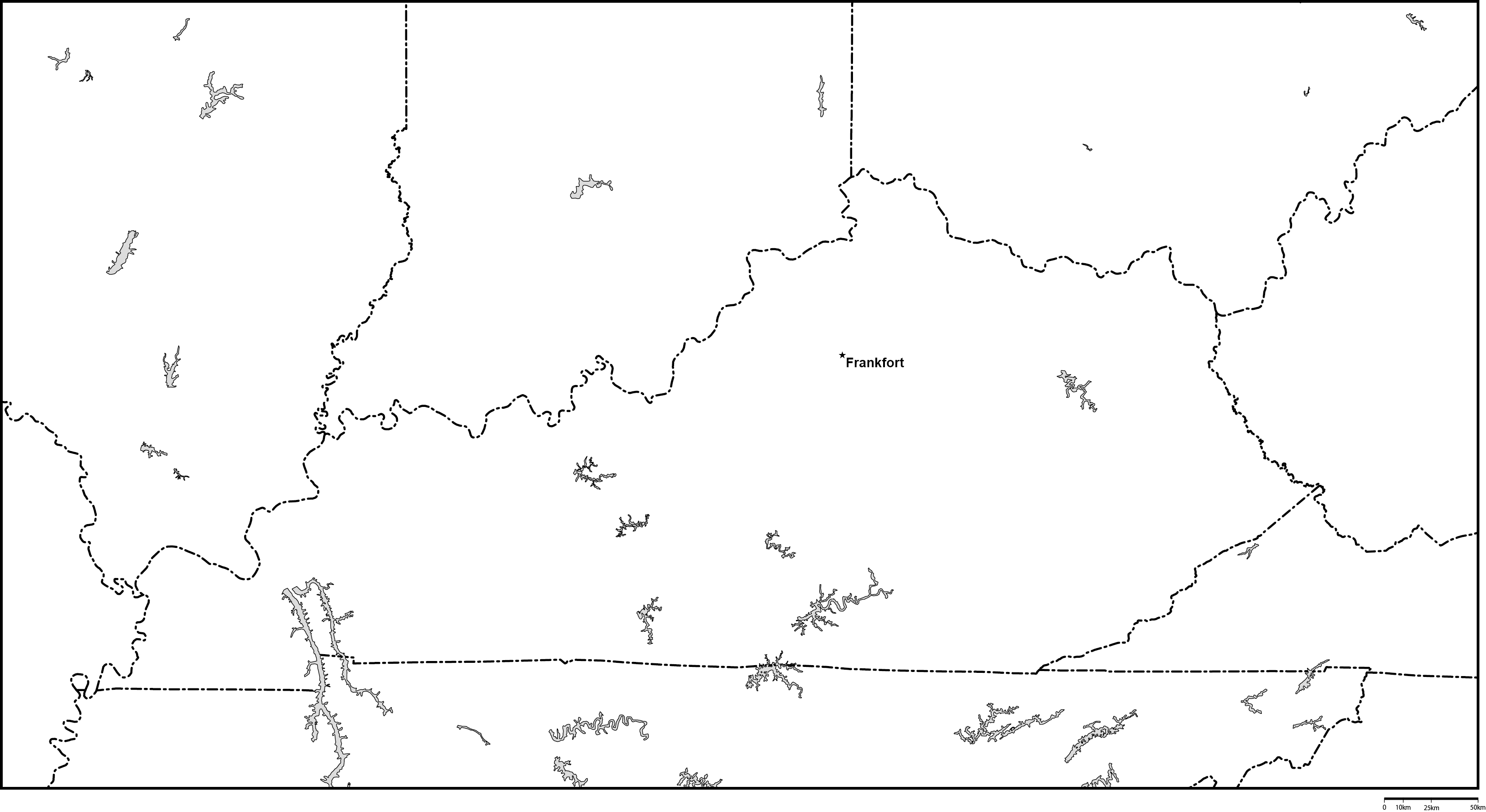 ケンタッキー州白地図州都あり(英語)フリーデータの画像