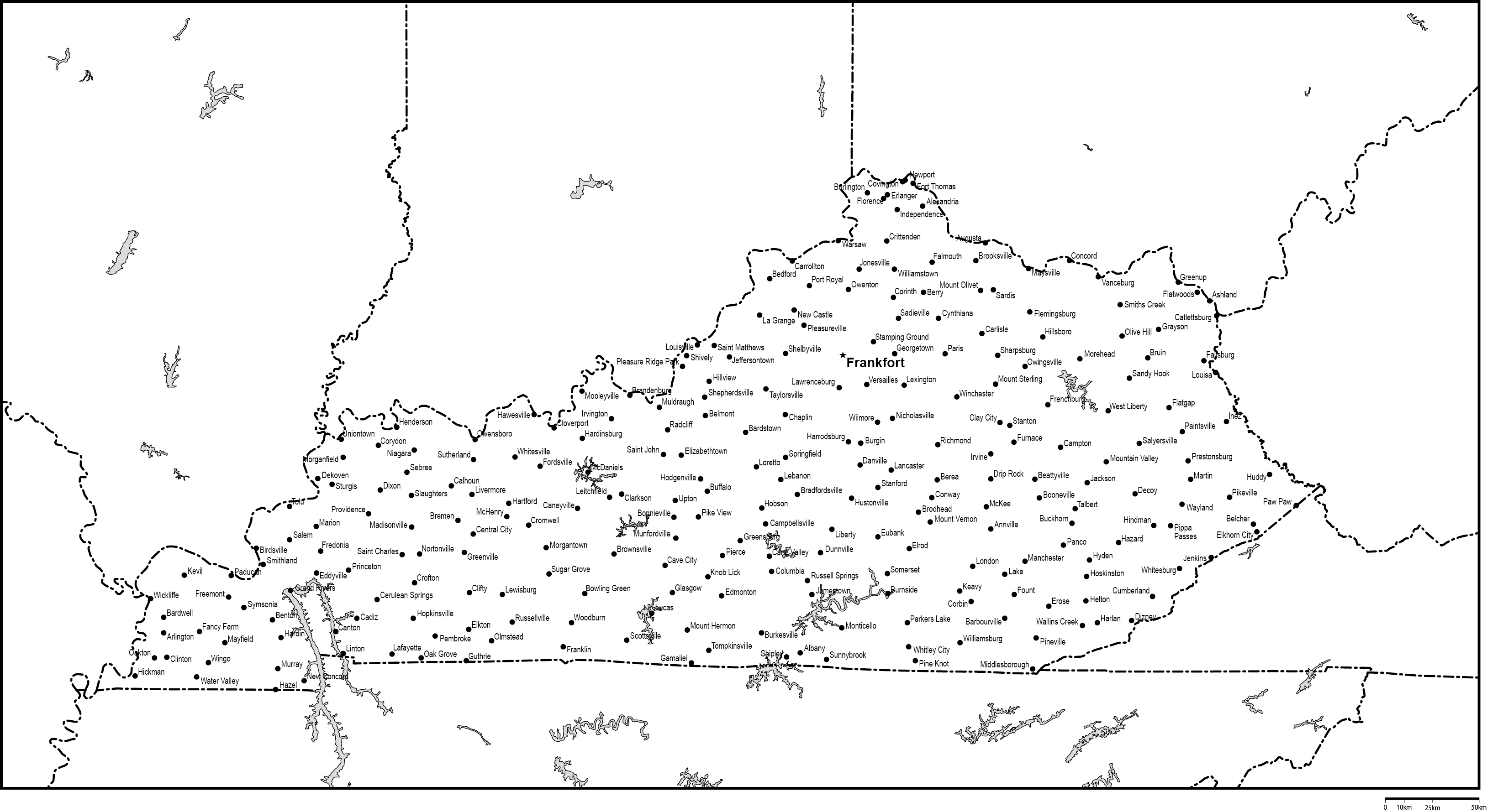 ケンタッキー州白地図州都・主な都市あり(英語)フリーデータの画像