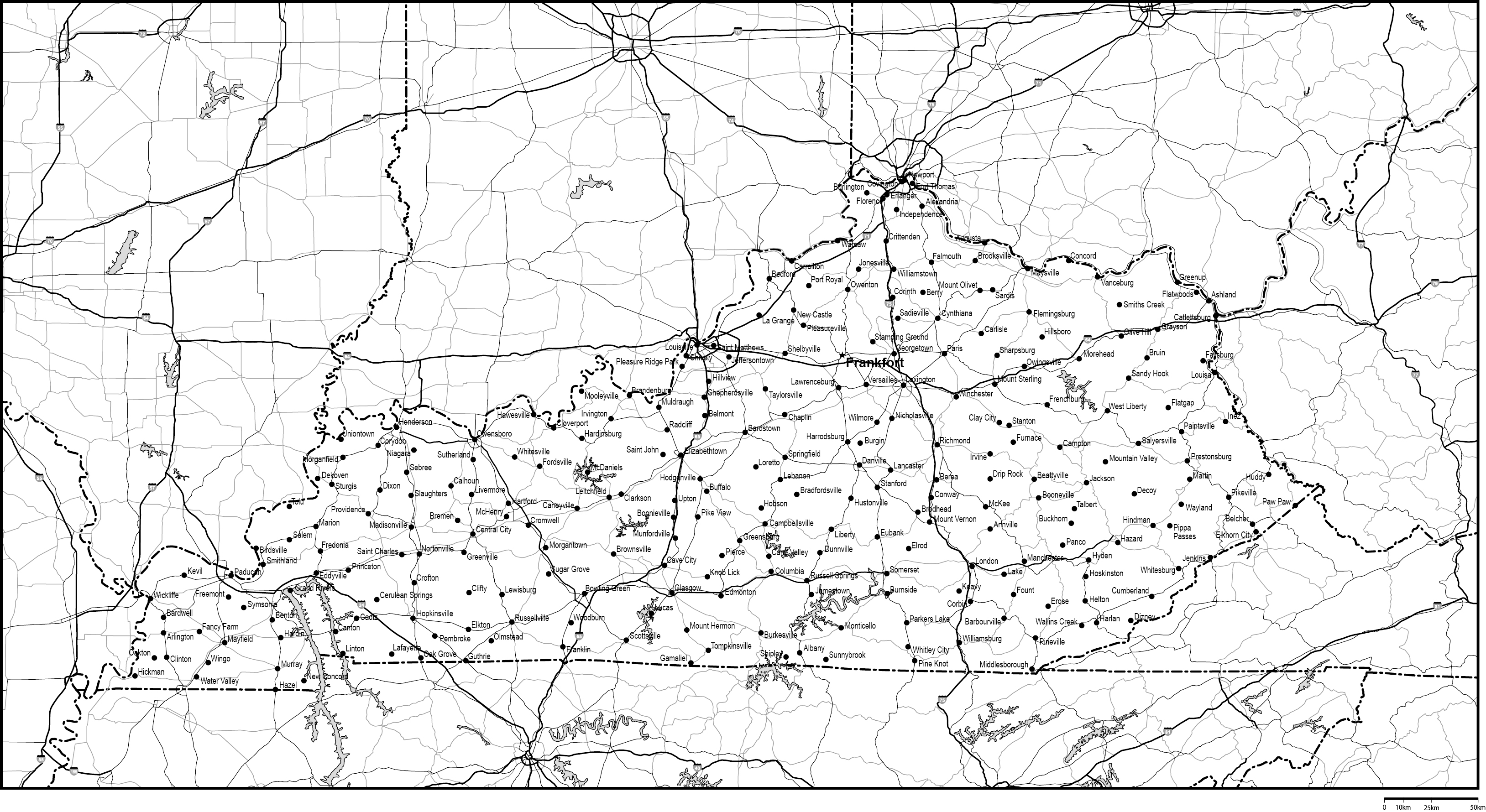 ケンタッキー州白地図州都・主な都市・道路あり(英語)フリーデータの画像