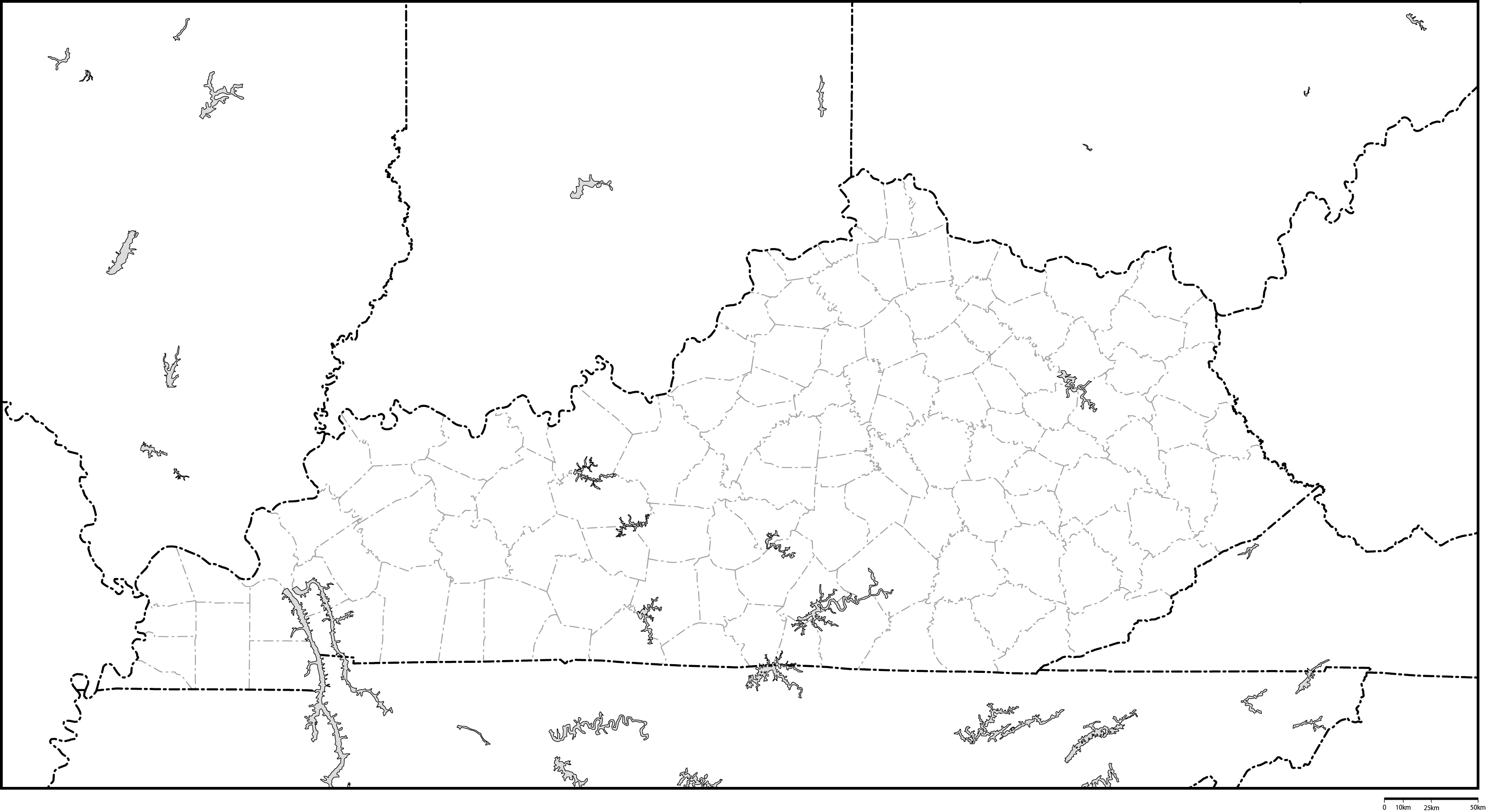 ケンタッキー州郡分け白地図フリーデータの画像