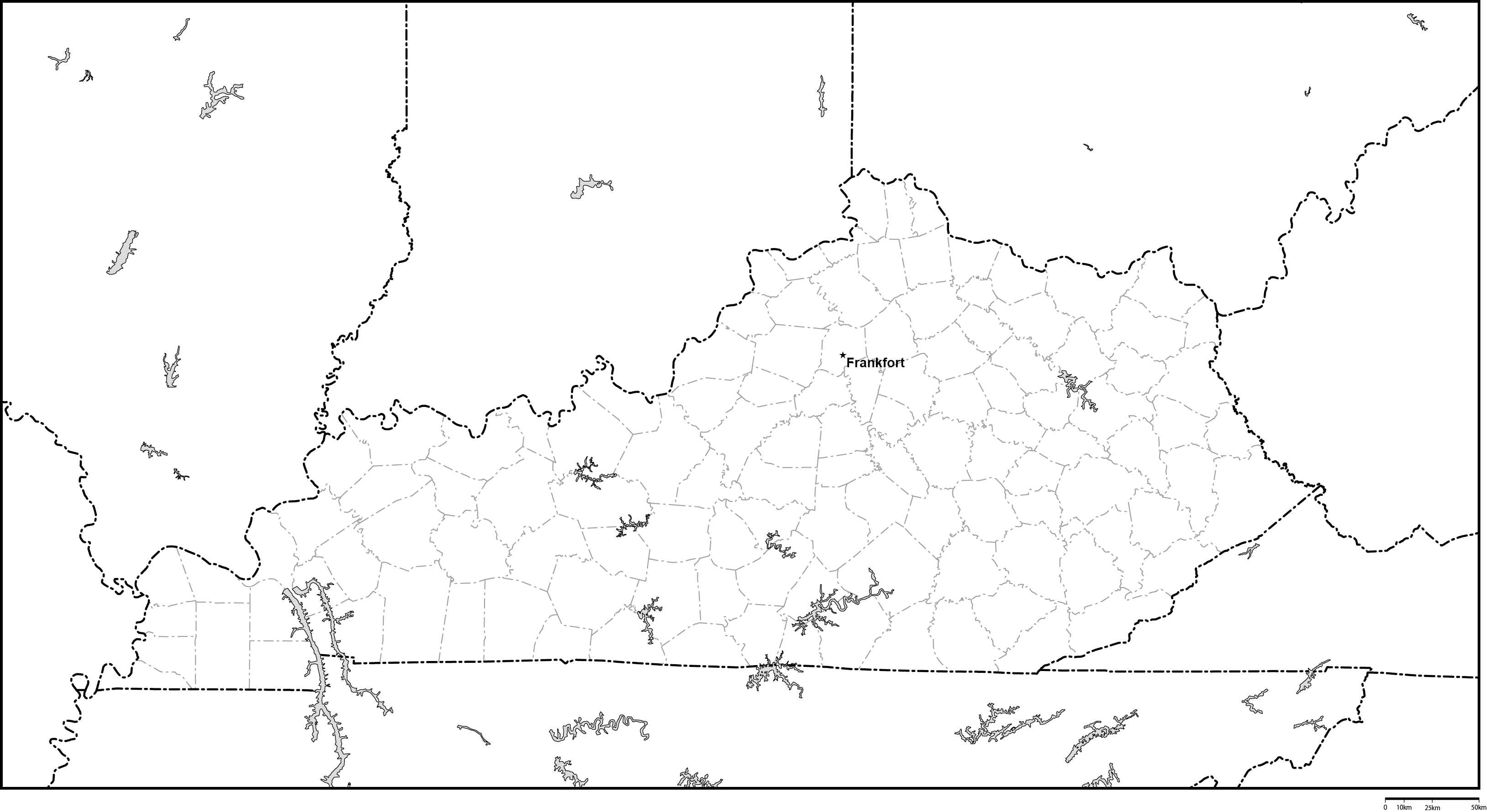ケンタッキー州郡分け白地図州都あり(英語)フリーデータの画像