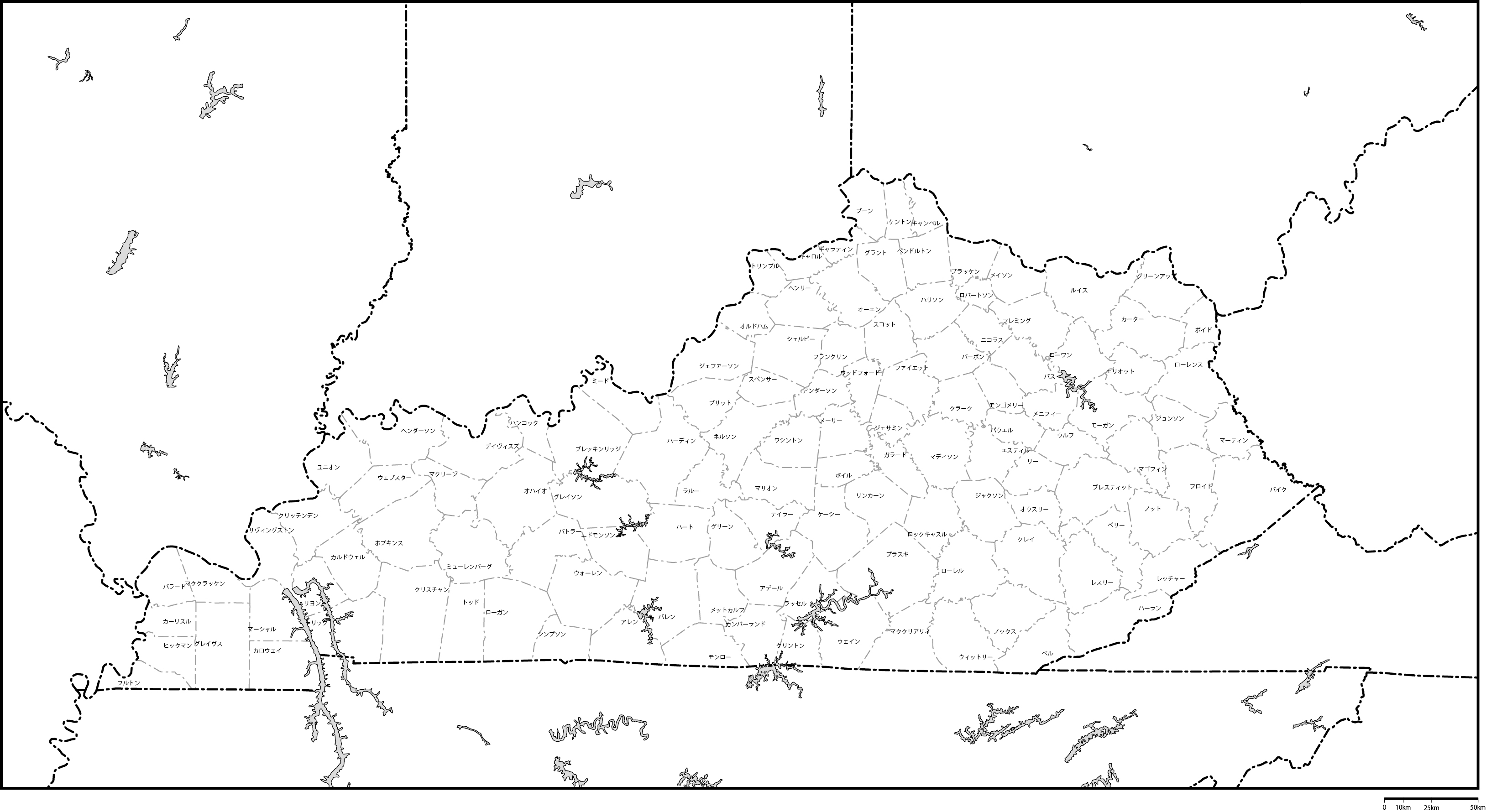 ケンタッキー州郡分け地図郡名あり(日本語)フリーデータの画像