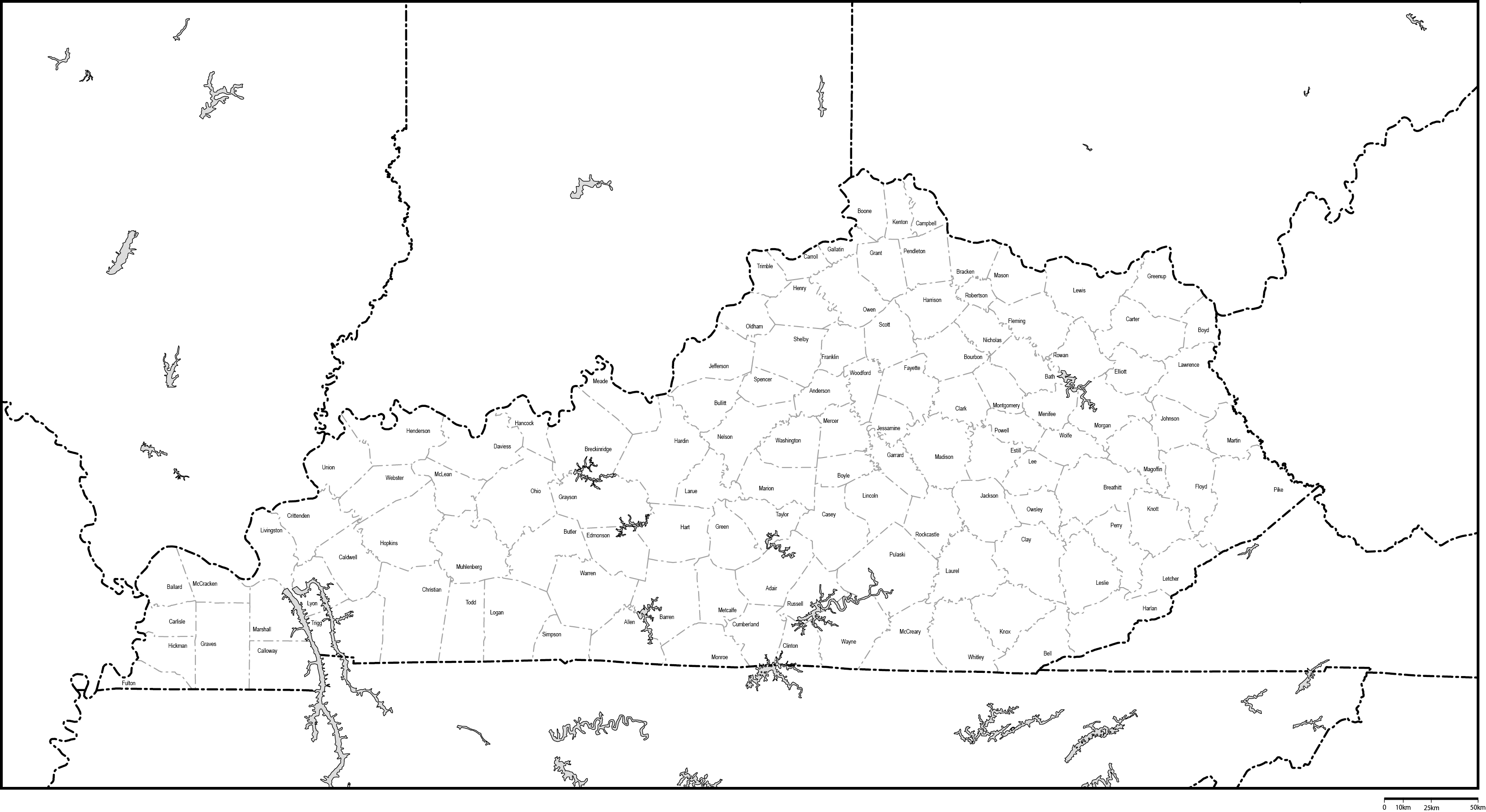 ケンタッキー州郡分け白地図郡名あり(英語)フリーデータの画像