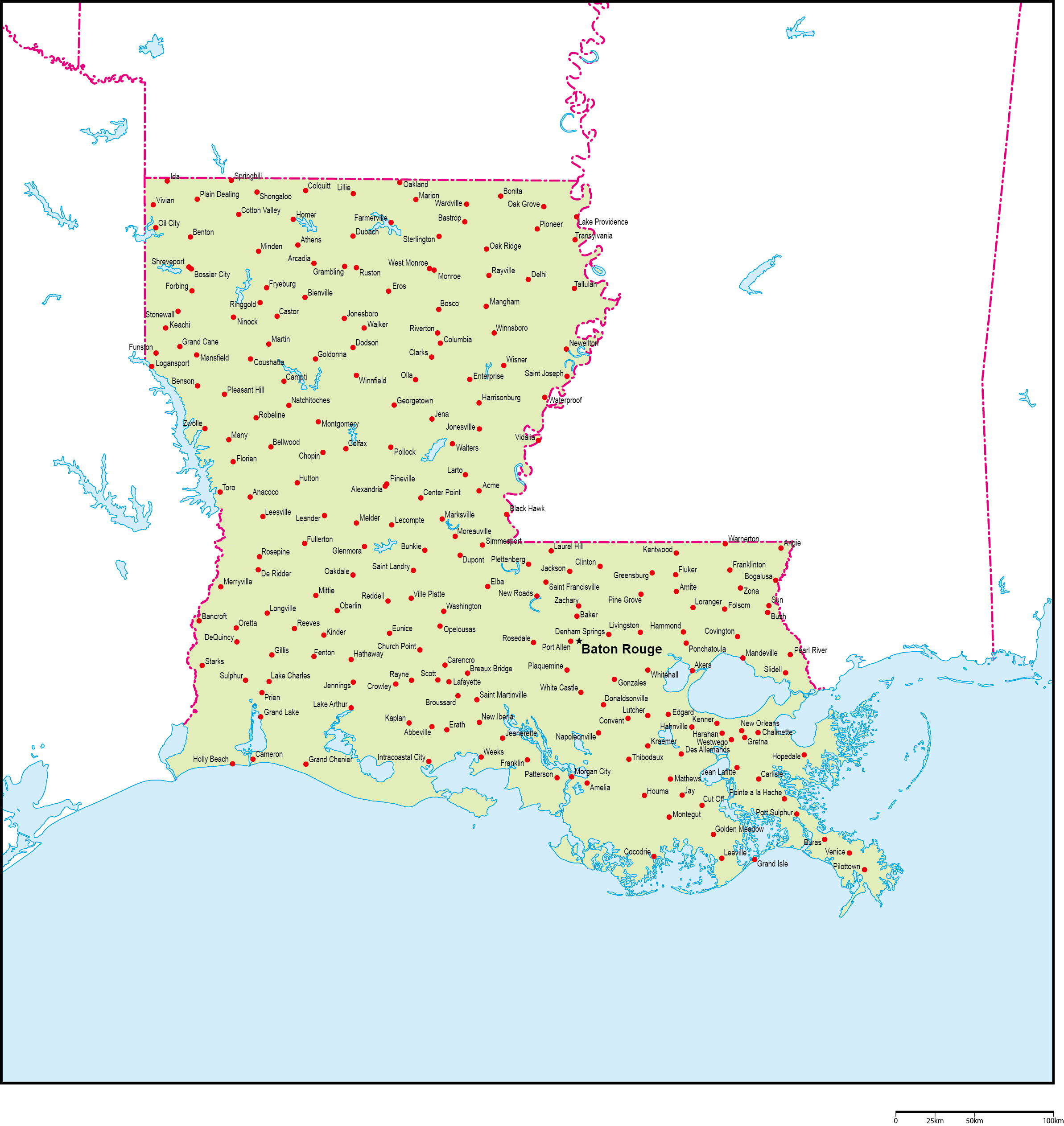 ルイジアナ州地図州都・主な都市あり(英語)フリーデータの画像