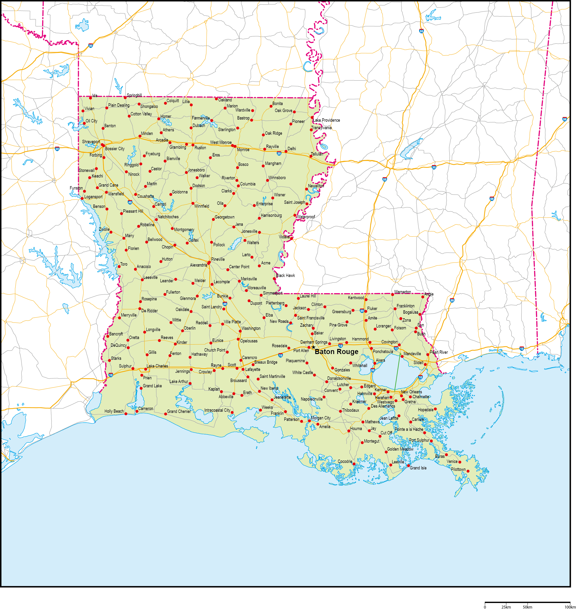ルイジアナ州地図州都・主な都市・道路あり(英語)フリーデータの画像