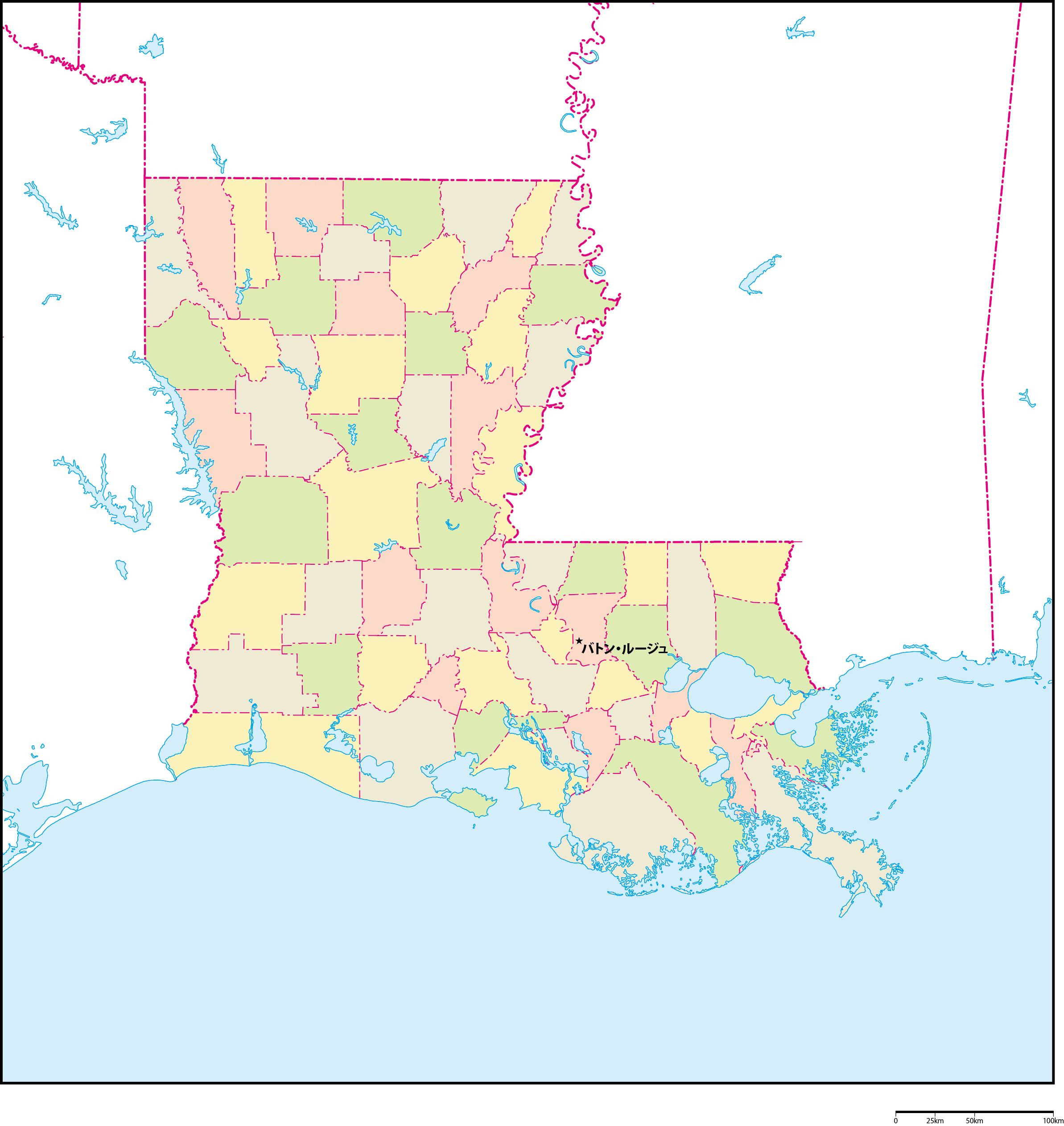 ルイジアナ州郡色分け地図州都あり(日本語)フリーデータの画像