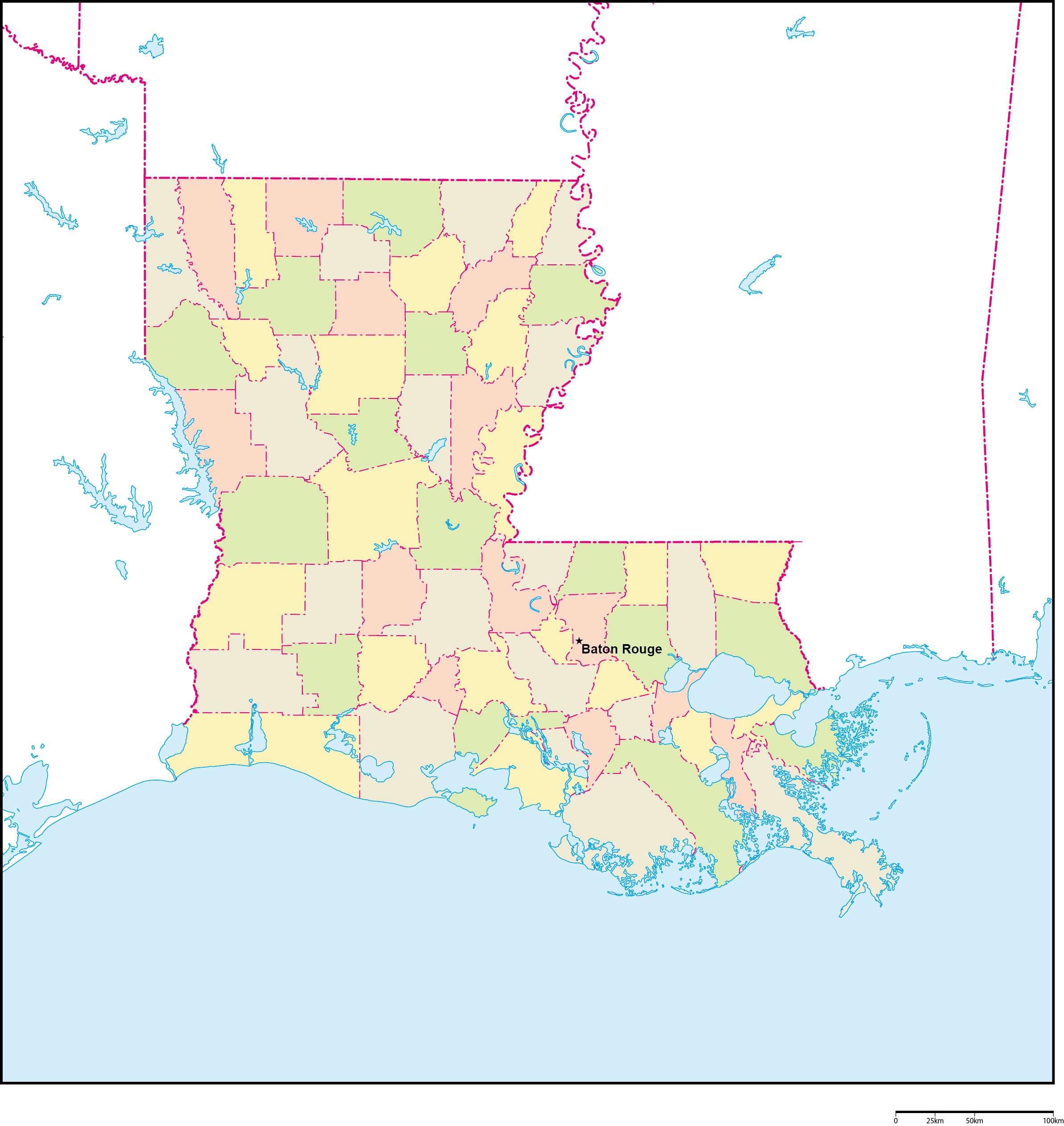 ルイジアナ州郡色分け地図州都あり(英語)フリーデータの画像