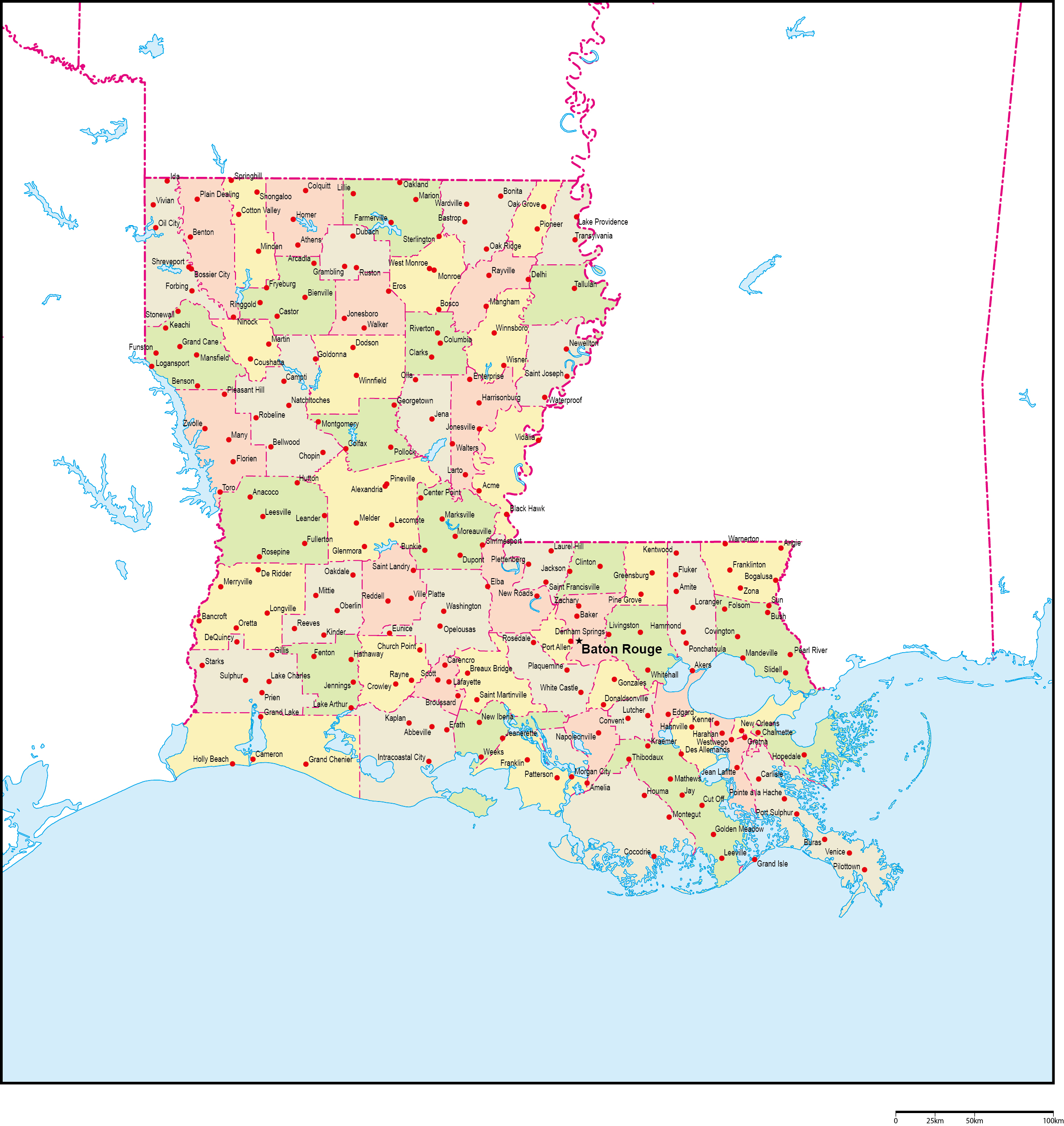 ルイジアナ州郡色分け地図州都・主な都市あり(英語)フリーデータの画像