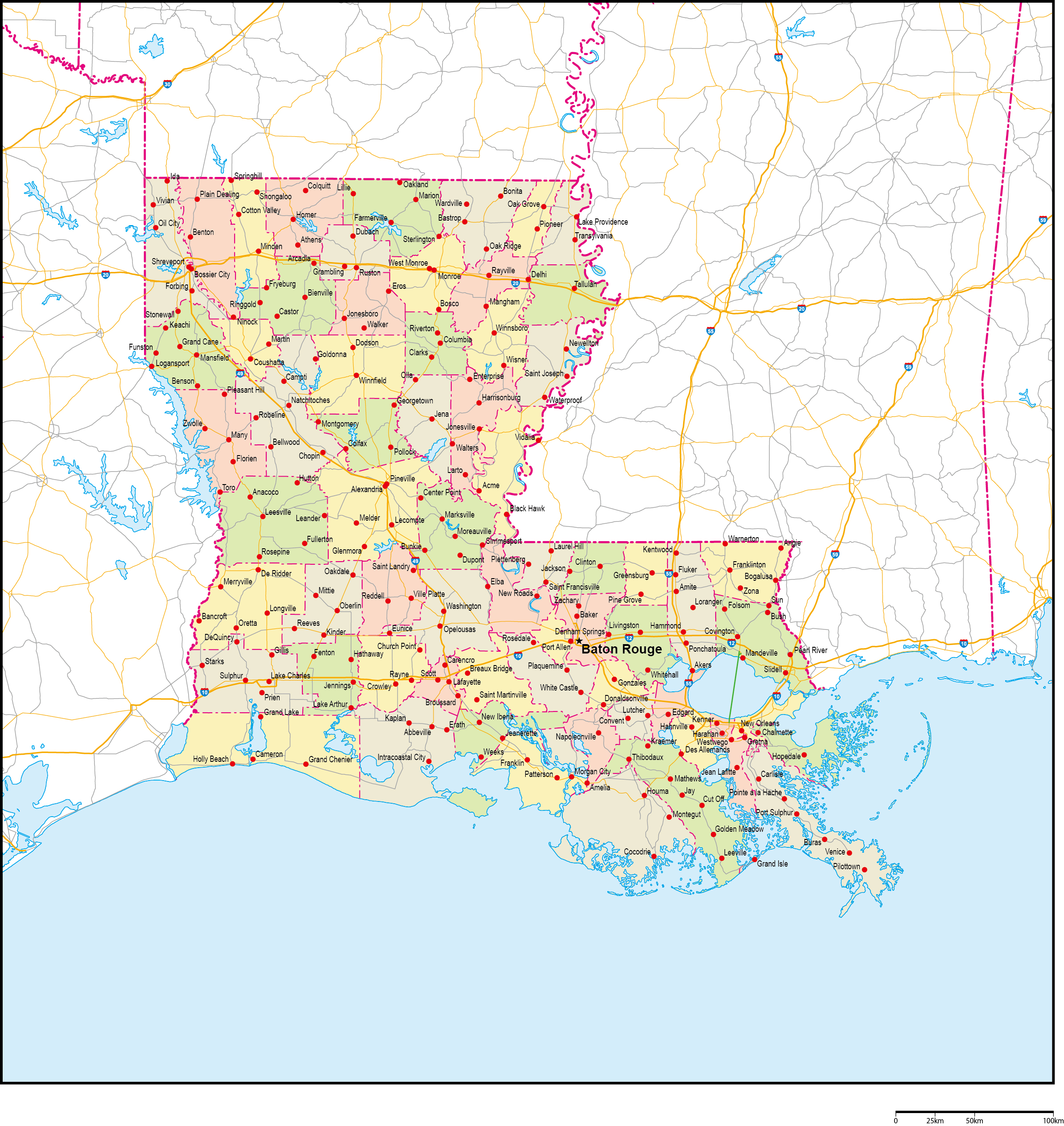ルイジアナ州郡色分け地図州都・主な都市・道路あり(英語)フリーデータの画像