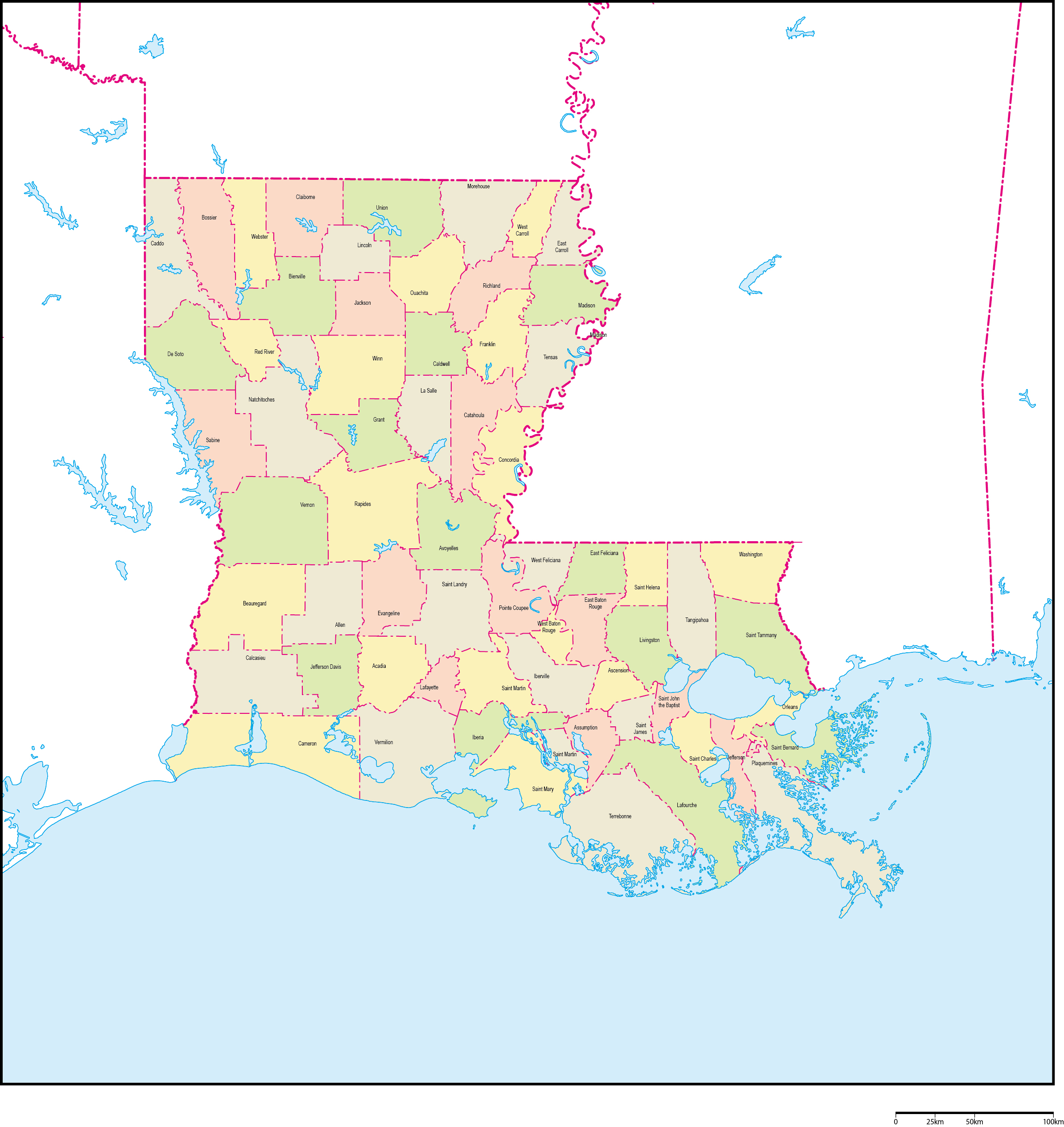 ルイジアナ州郡色分け地図郡名あり(英語)フリーデータの画像
