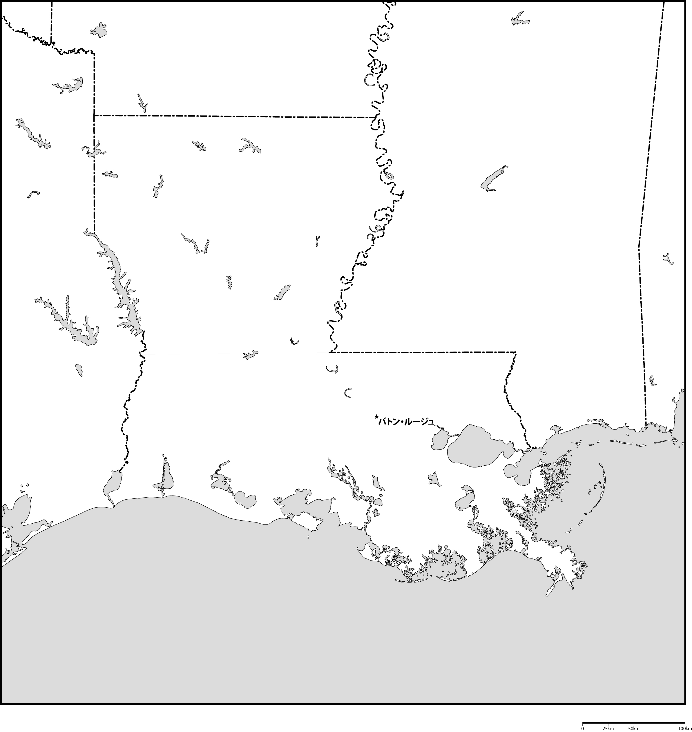 ルイジアナ州白地図州都あり(日本語)フリーデータの画像