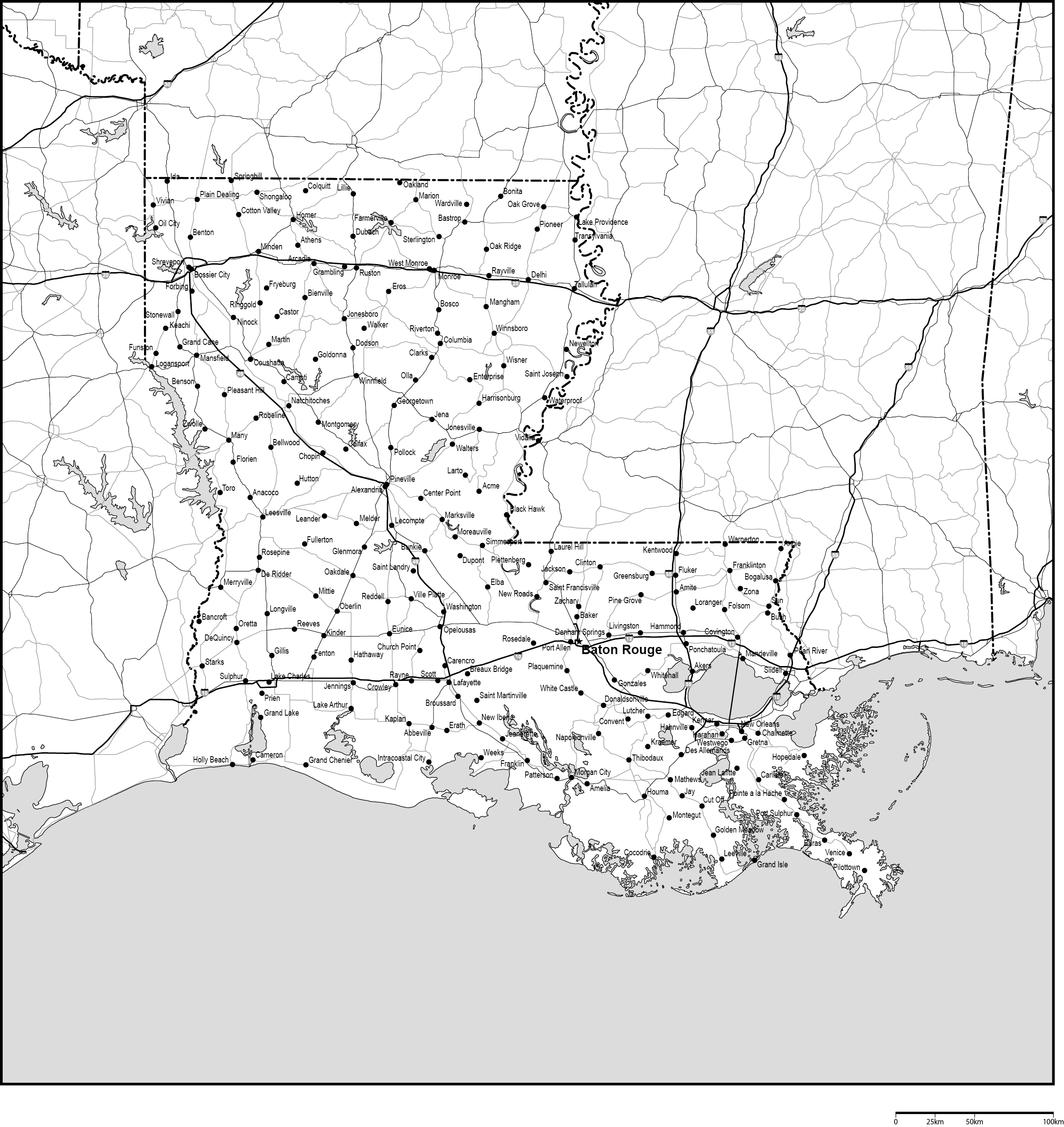 ルイジアナ州白地図州都・主な都市・道路あり(英語)フリーデータの画像